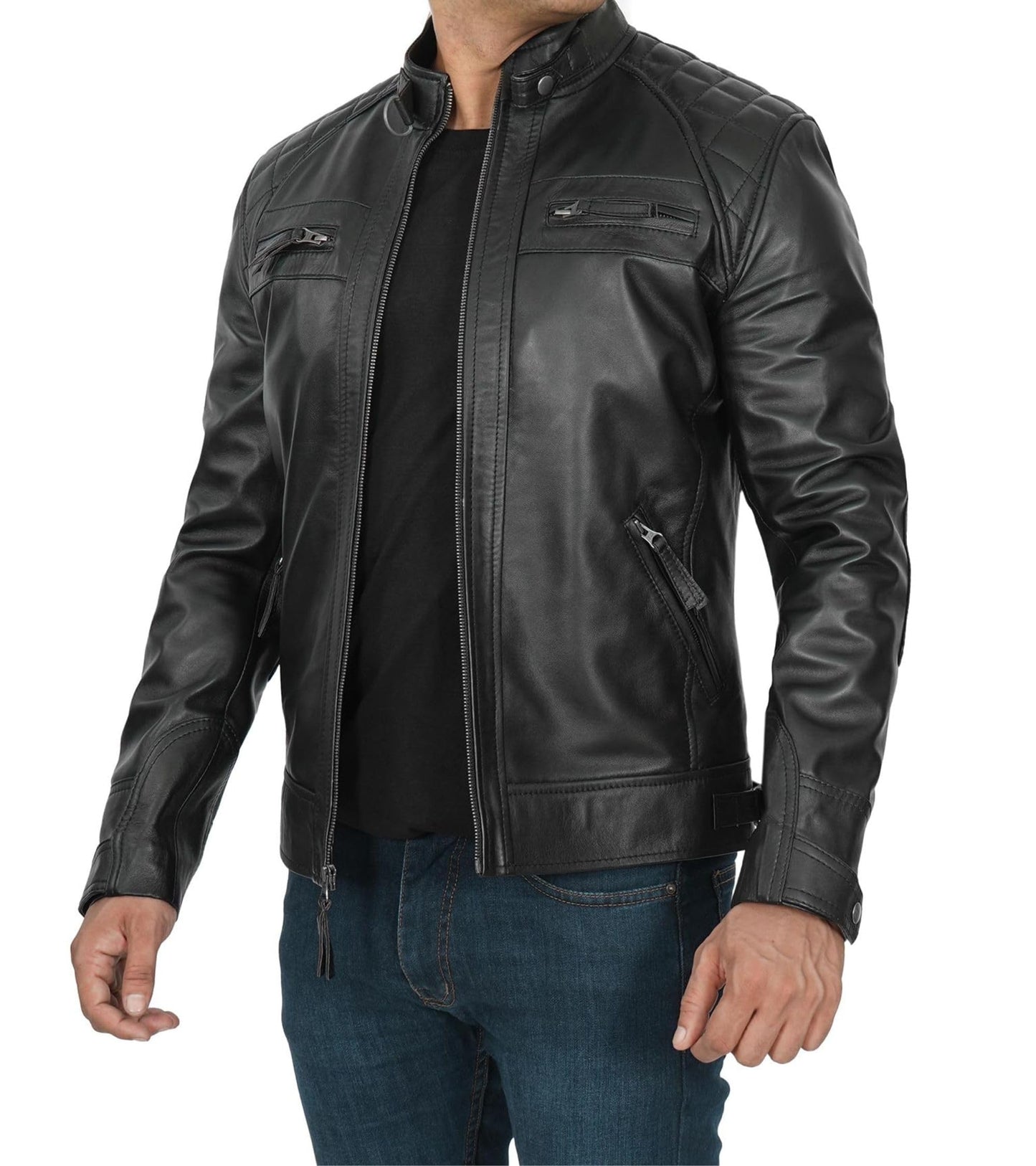 Decrum Leather Biker Jacket - Mens Leather Jackets | [1100094] Diamond 1 Black, L