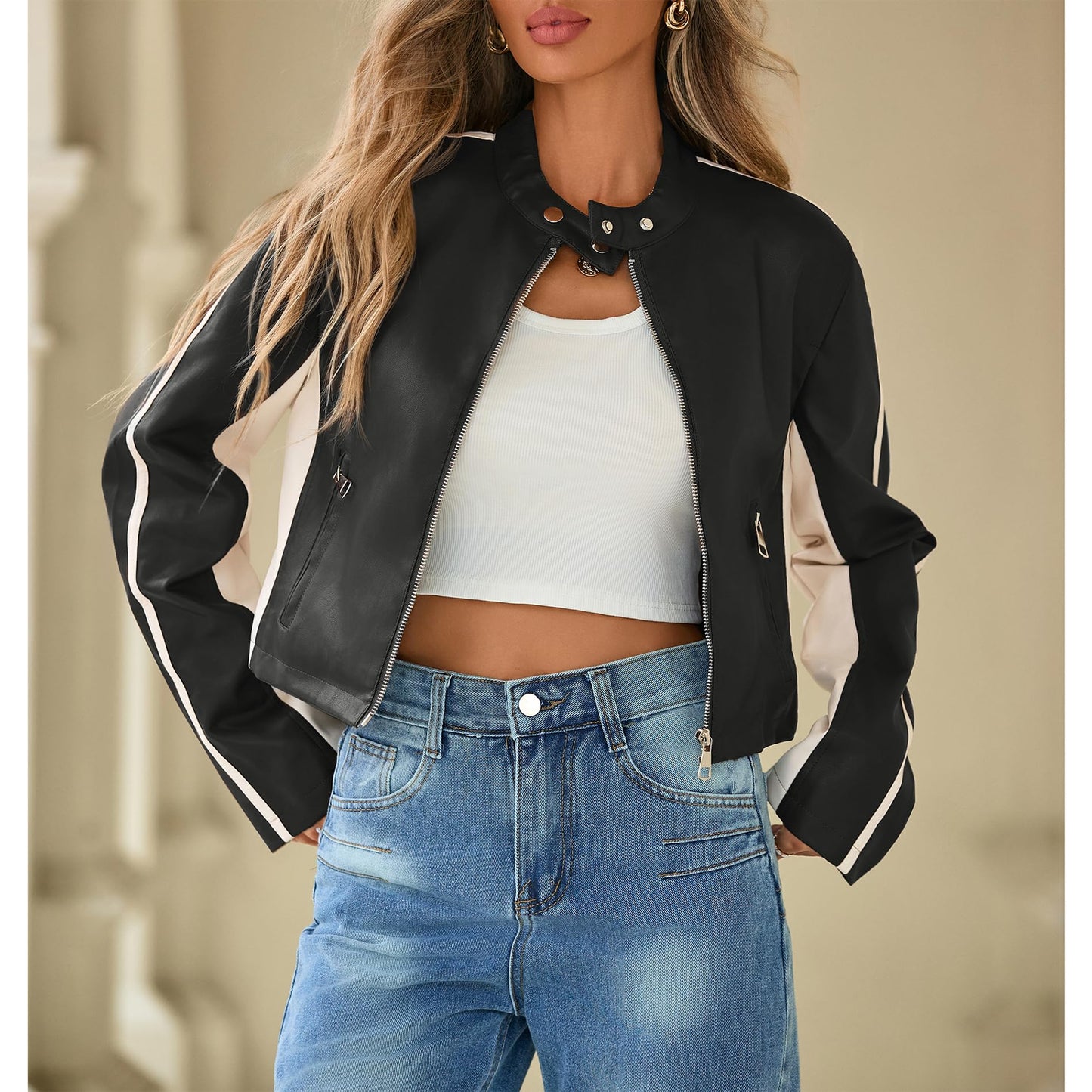 Cropped Black Faux Leather Jacket Women Biker Motorcycle Bomber Leather Jacket Women Fall Clothes Zip Up Moto PU Coats S