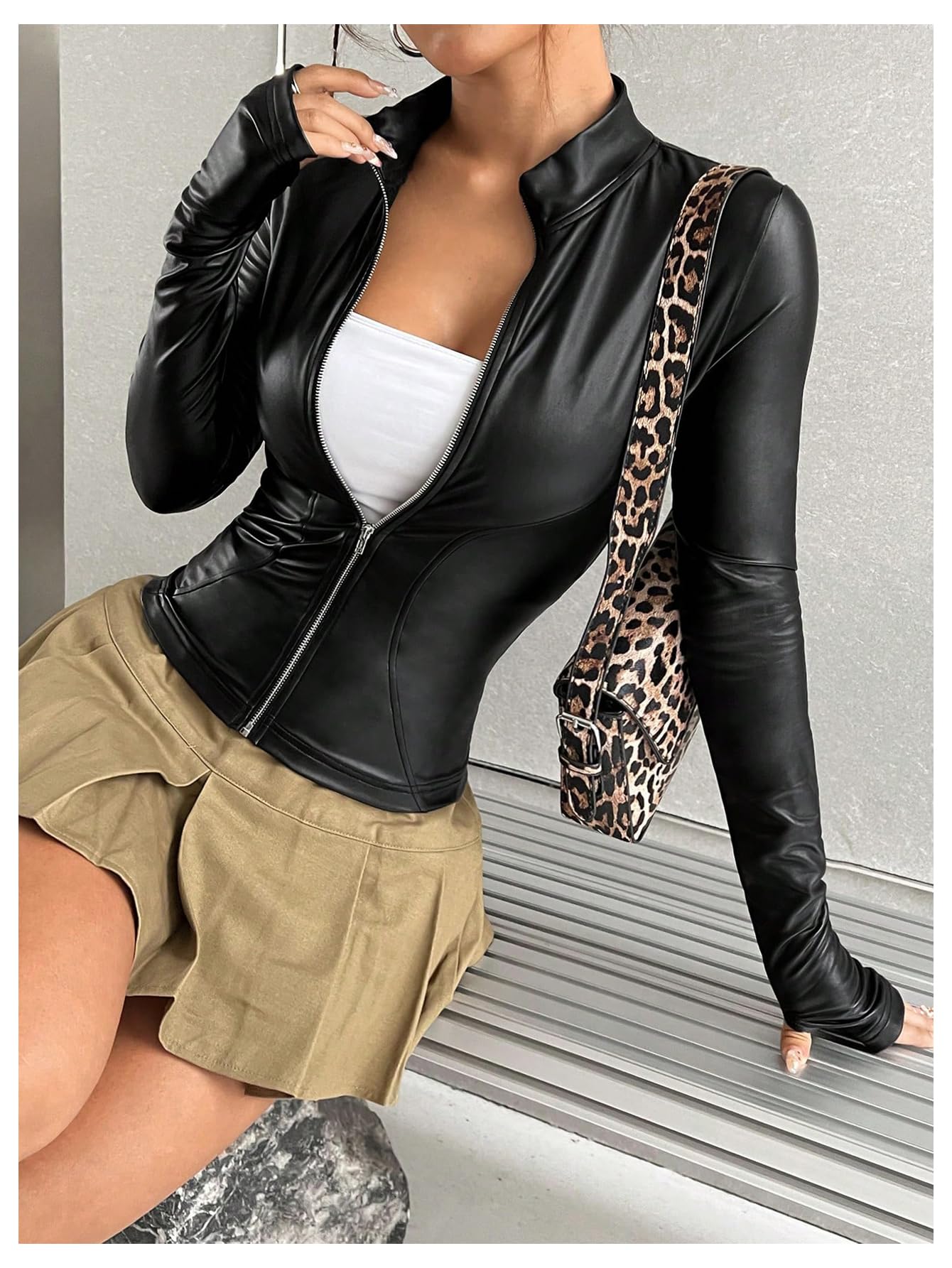 MakeMeChic Women's Faux Leather Jacket Thin Fleece Mock Neck Zip Up Long Sleeve Coat Outerwear Black Small