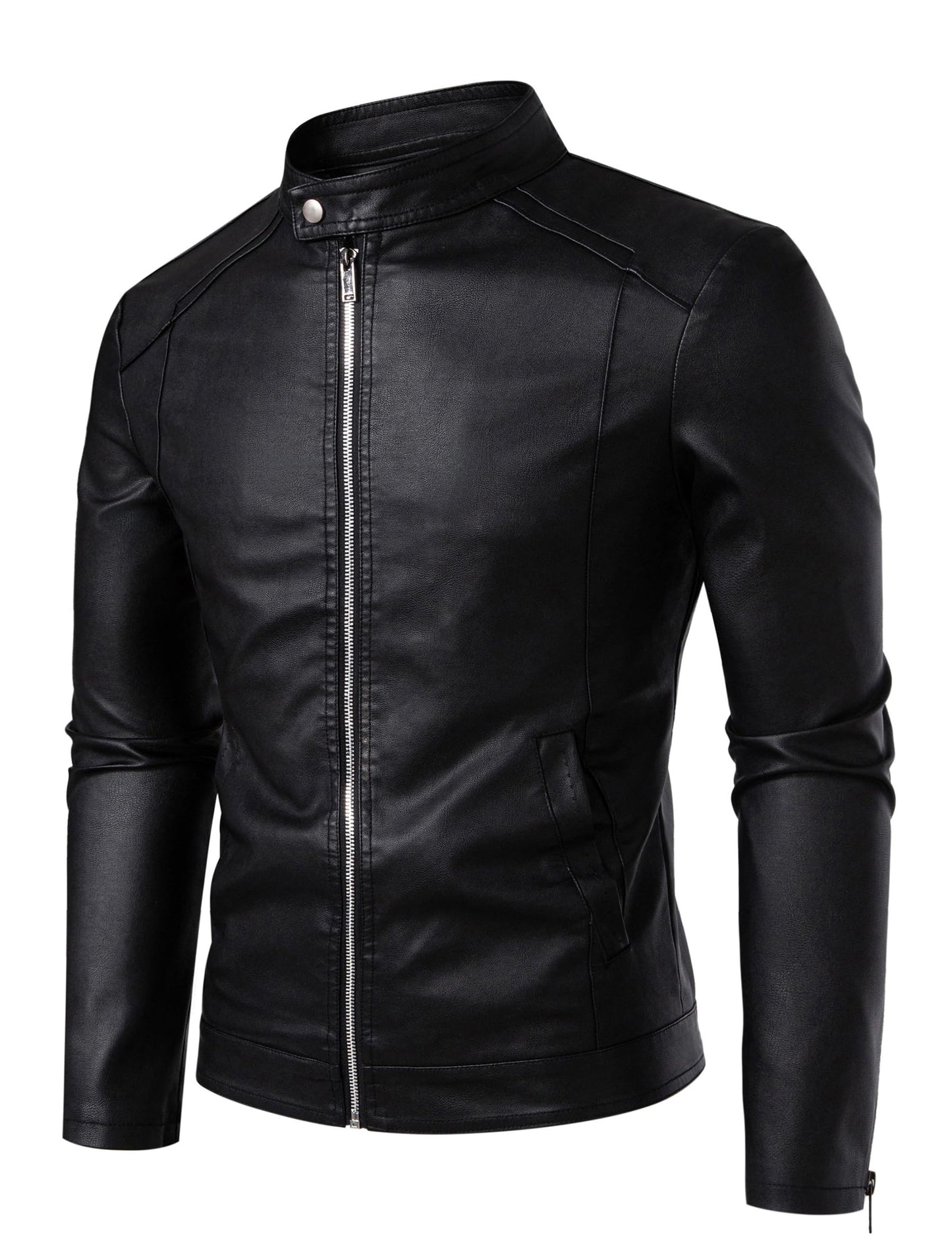 Zbrandy Mens Leather Jacket Faux Leather Motorcycle Jackets Stand Collar Biker Coat Outwear Black L