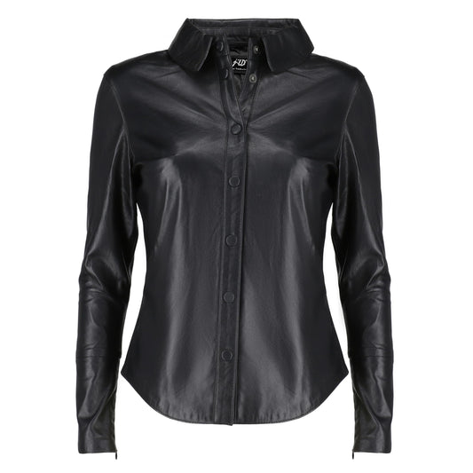 Jild Casual Shirt Real Leather Jacket Women - Long Sleeve Snap Button Down Soft Lambskin Leather Shacket Regular and Plus Size (LS-Blk-M)