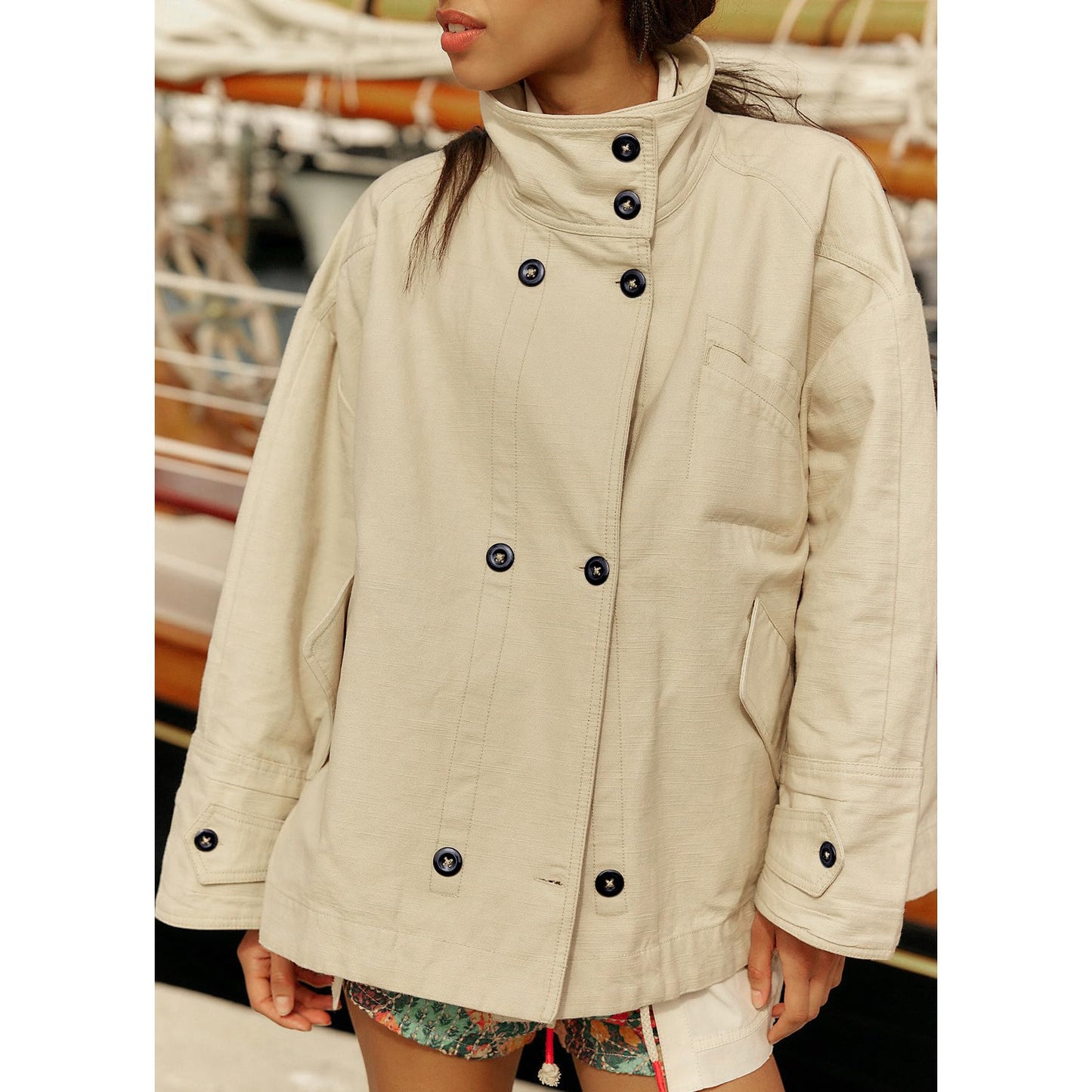 Ainangua Washed Canvas Bomber Jacket Women Oversized Funnel Neck Button Down Jackets Spring Stretch Casual Coat Outdoor(Apricot,S)