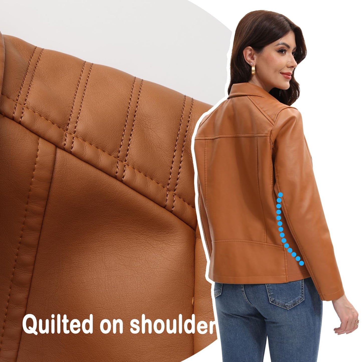 Faux Leather Jacket for Women Motorcycle Fashion Zip Up Coat Trendy Going Out Jackets (Camel,Medium)