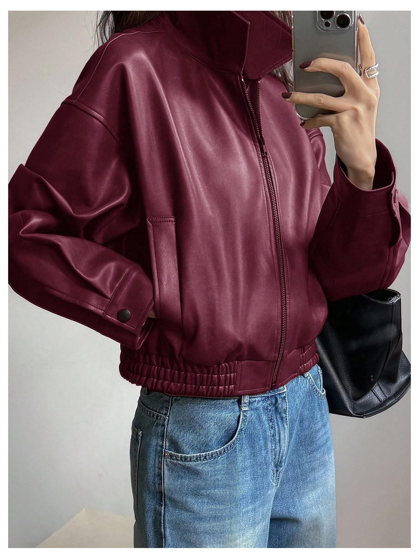 Milumia Women's Faux Leather Zip Up Jacket Vintage Collared Long Sleeve Motorcycle Jackets Dark Red Medium
