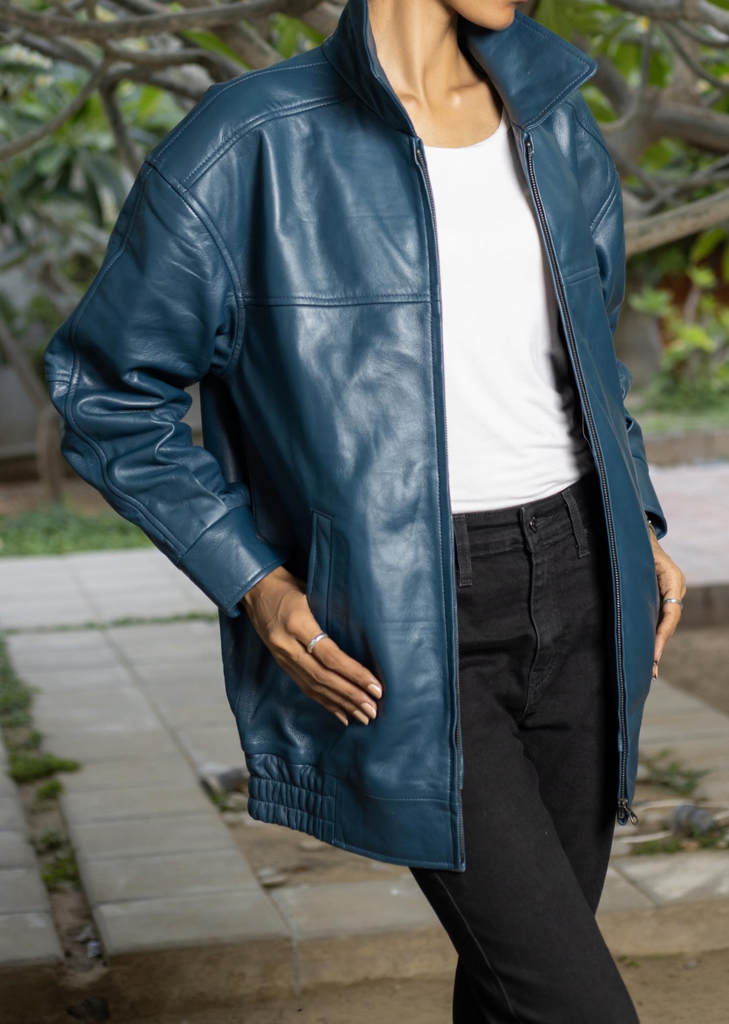 Jild Oversized Leather Jacket Women - Lambskin Leather Fall Jacket for Womens Fashion Plus Size Outfits (OSW-Blue-L)
