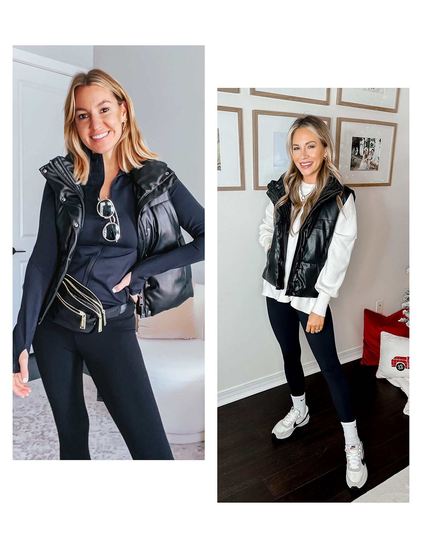 UANEO Womens PU Leather Cropped Puffer Vest Winter Faux Leather Zip Up Sleeveless Jacket (Black, Large)