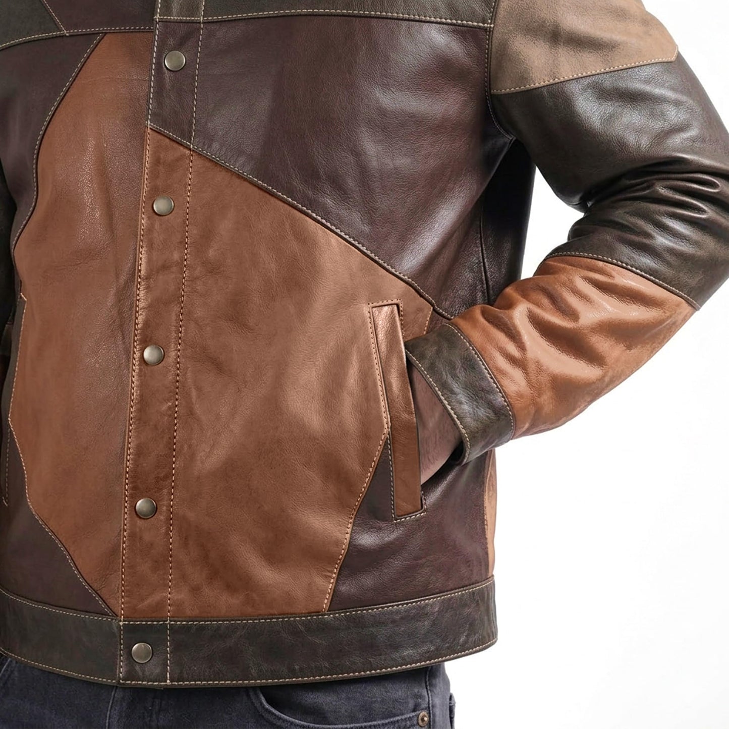 STREGA Men’s Heritage Patchwork Lambskin Leather Jacket – 70s Vintage Rustic Shirt Style, Handmade Multi-Tone Rustic Earth Brown, Button-Front Outerwear (US, Alpha, Large, Regular Fit, Rustic Earth)