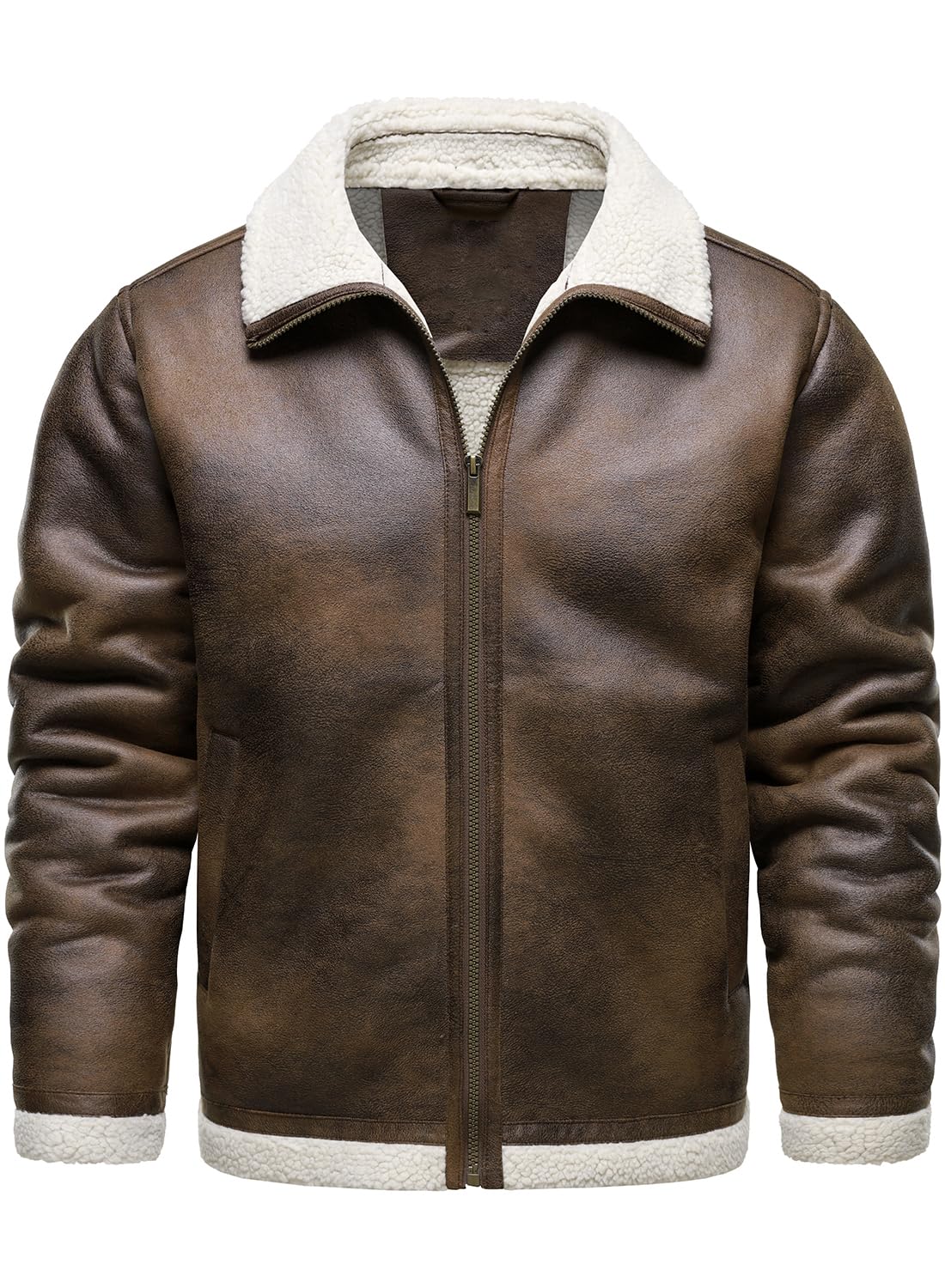 HOOD CREW Men’s Vintage Distressed Jacket Winter Warm Faux Shearling Leather Bomber Jackets Motorcycle Biker Coats Brown M