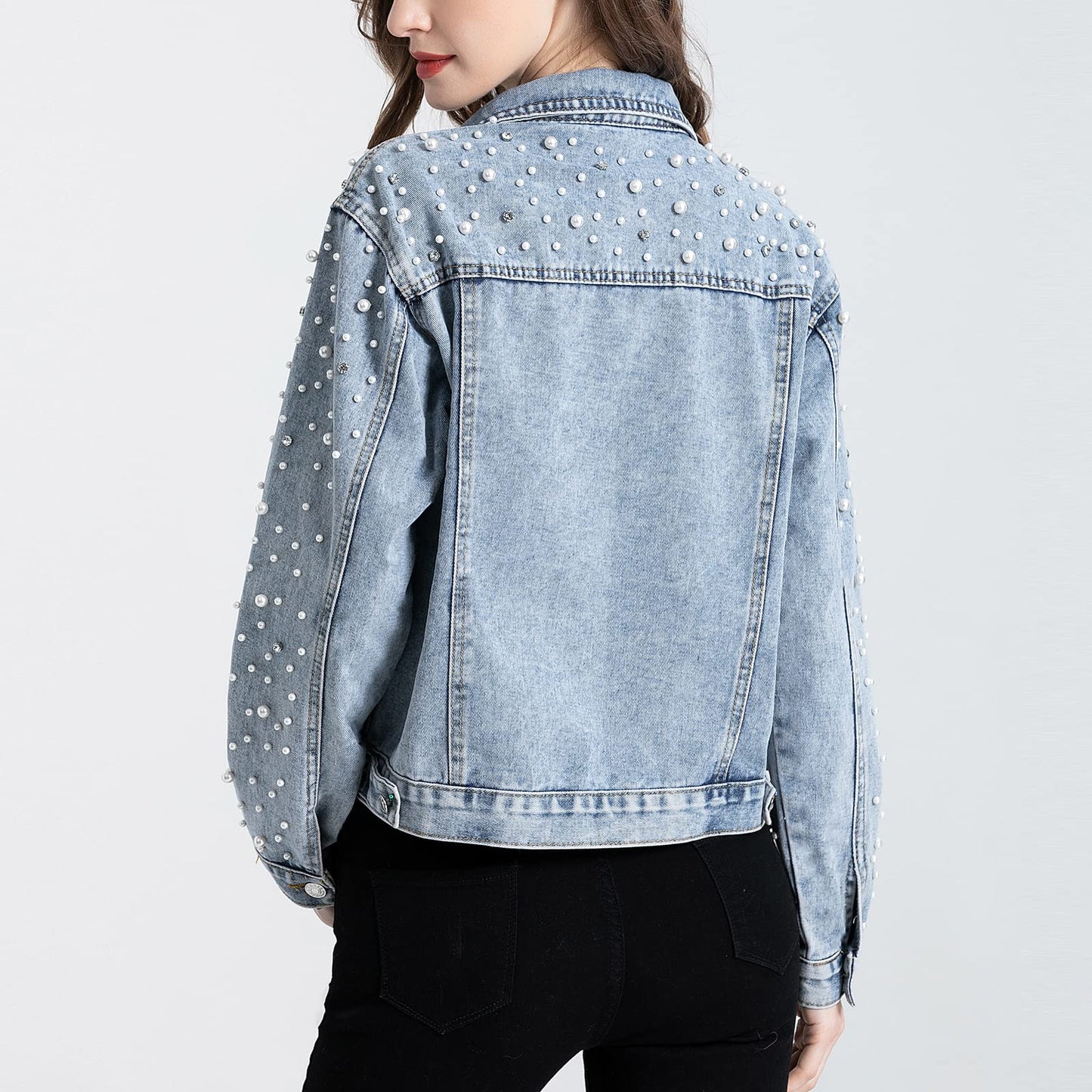 LifeShe Women's Pearls Denim Jacket Cropped Rhinestones Jean Jacket Coat