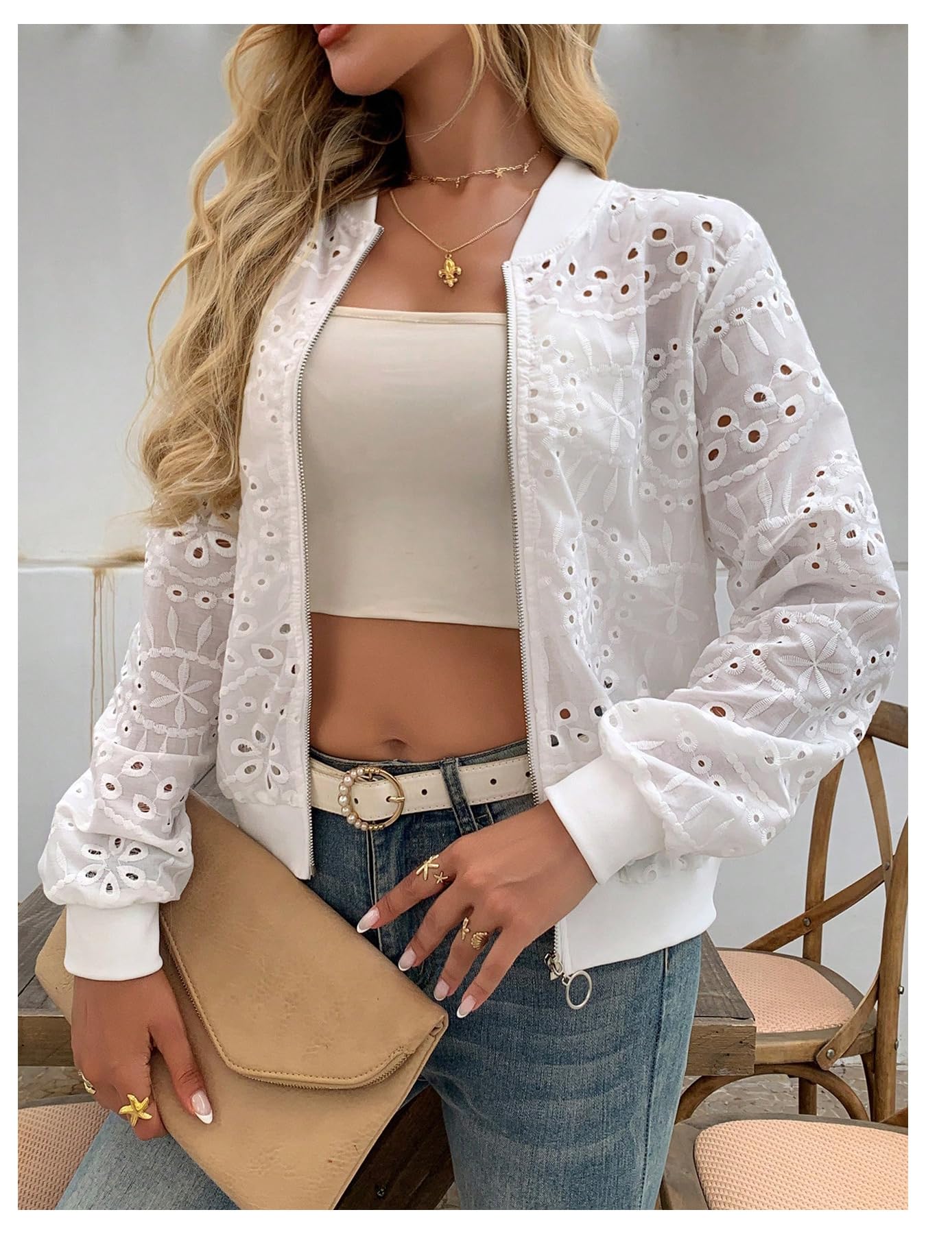 WDIRARA Women's Eyelet Embroidery Bomber Jacket Zip Up Long Sleeve Coat