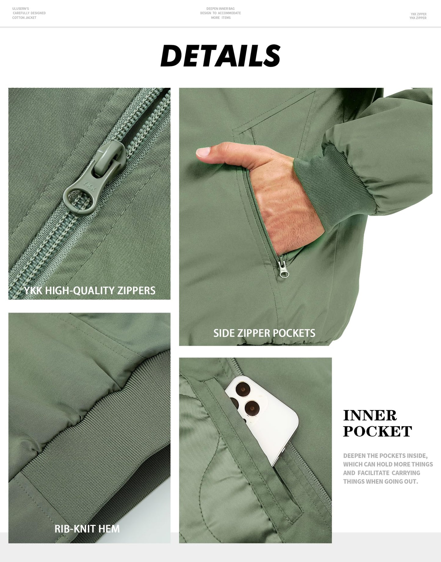 ULUSERN Men's Jackets-Bomber Jacket Fall Winter Warm Windbreaker Full Zip Casual Padded Coats