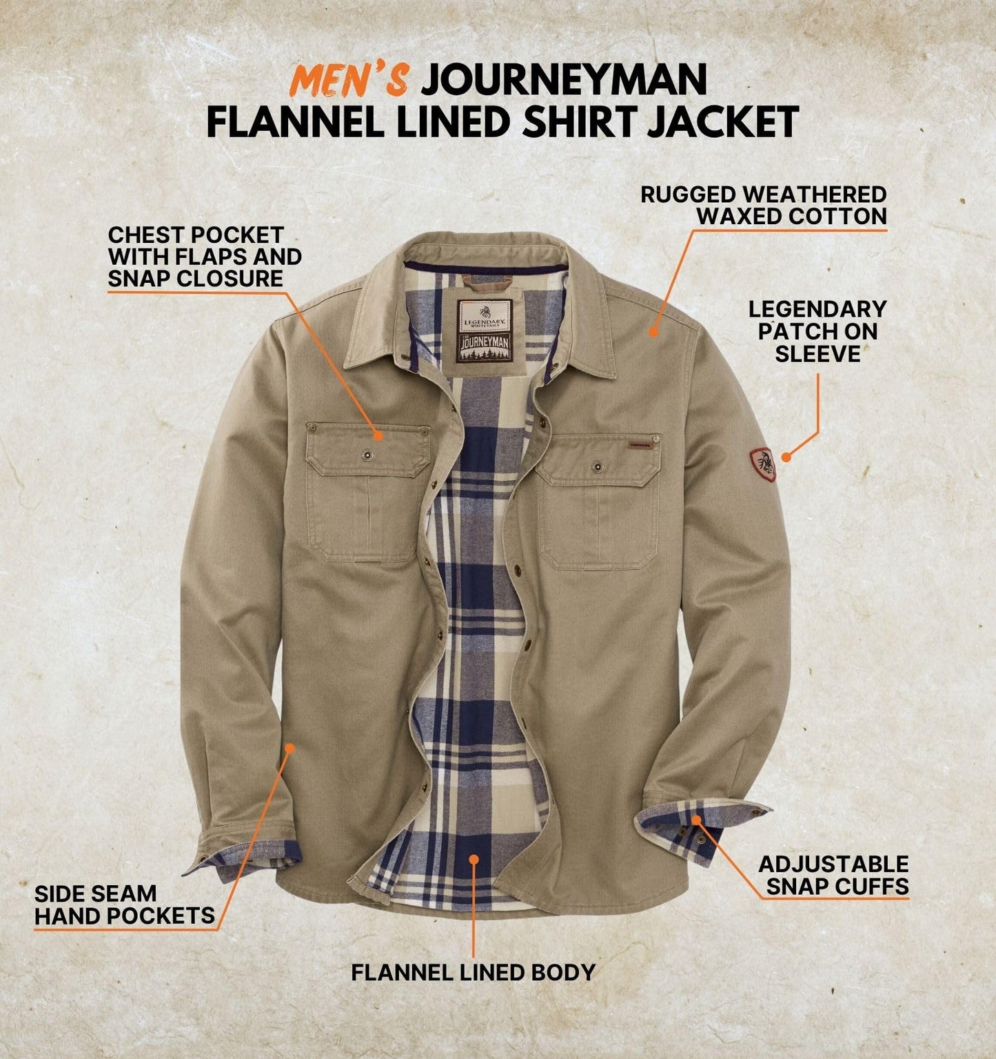 Mens Flannel Lined Waxed Cotton Shirt Jacket, Twig, X-Large