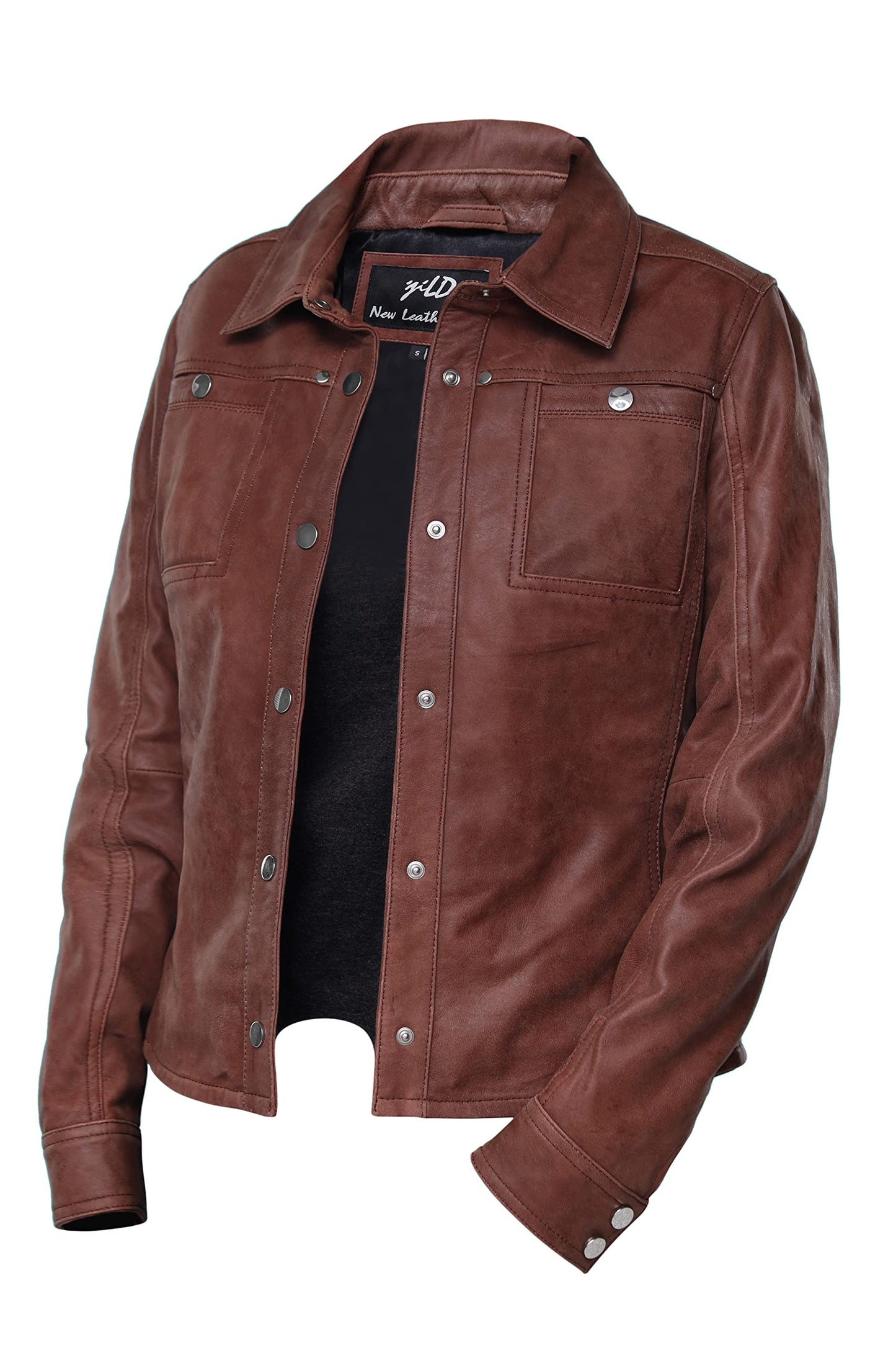 Jild Womens Button Front Lambskin Leather Jacket Shacket - Casual Shirt Long Sleeve Leather Jacket Women with Bust Pocket (A.Brown-XXL)