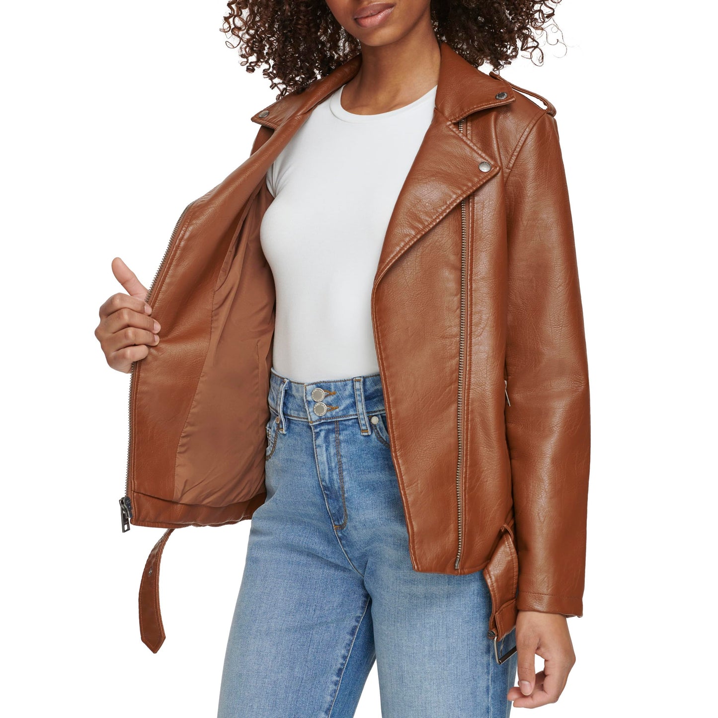 Levi's Women's Oversized Faux Leather Belted Motorcycle Jacket, Equestrian Brown, X-Small