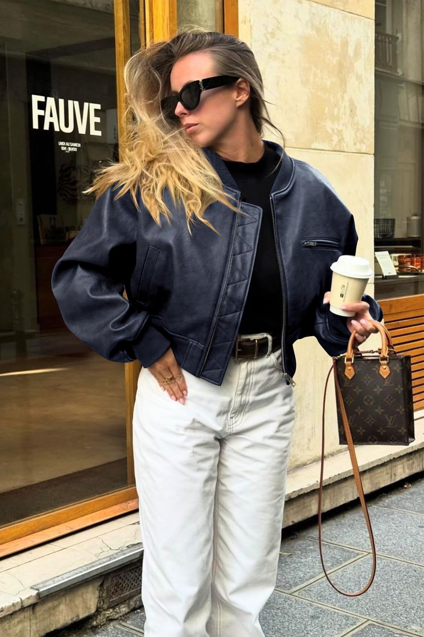 Cicy Bell Womens Faux Leather Bomber Jacket Cropped Biker Coat with Pockets
