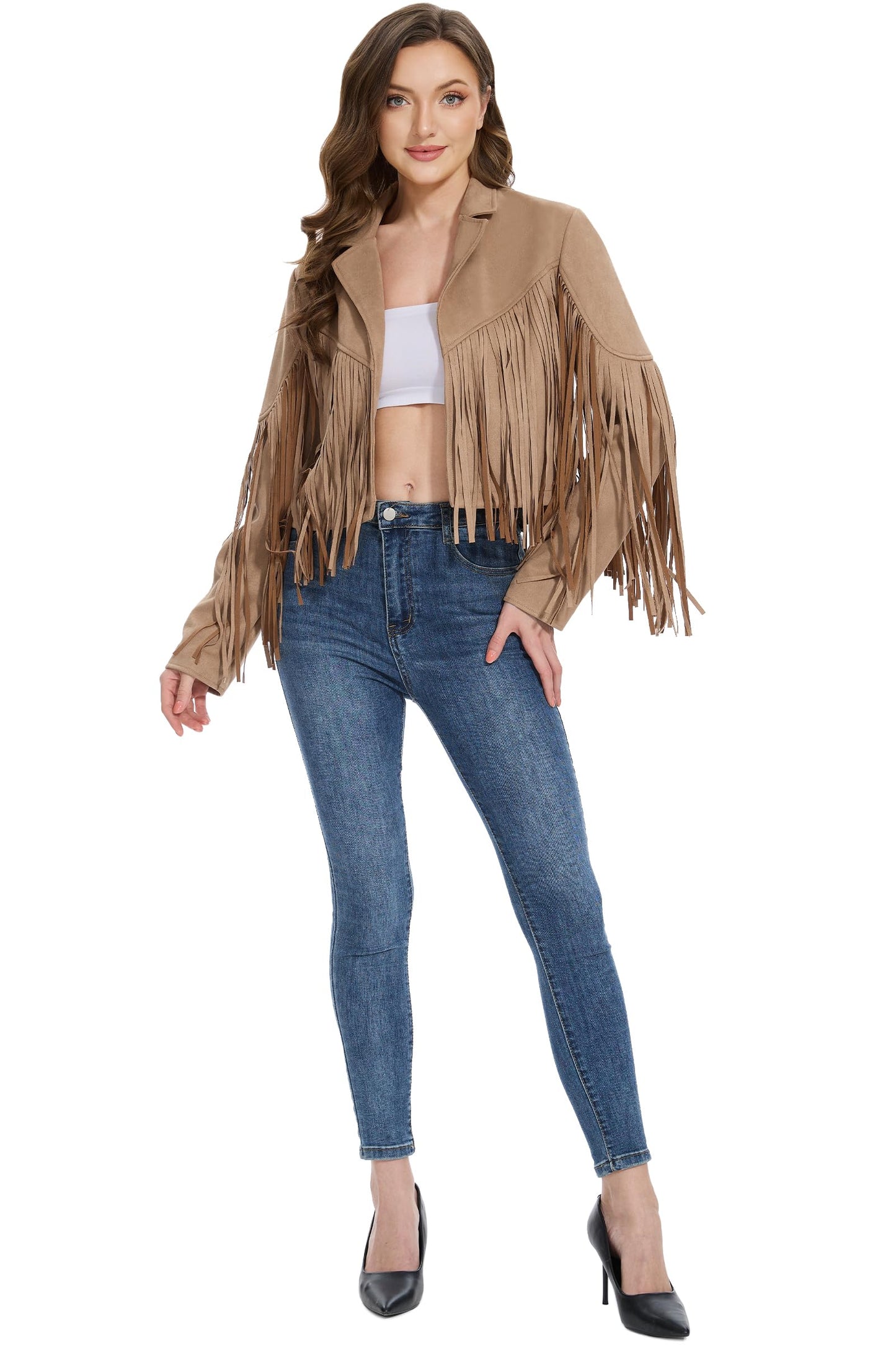 Fahsyee Fringe Leather Jacket Women, Western Cowgirl Outfits for Women Country Concert Wear Suede Cropped Coat Camel S