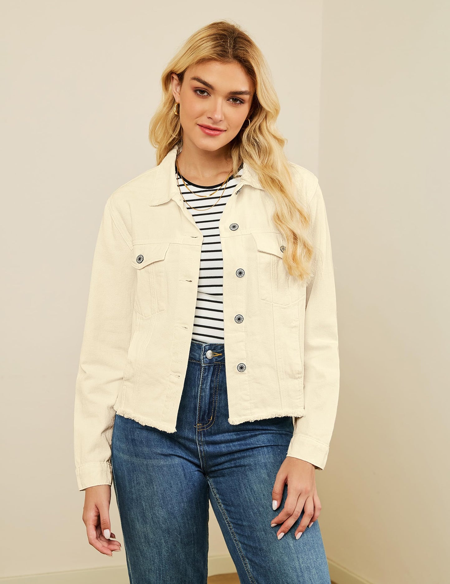 luvamia Denim Jacket for Women Distressed Jean Jackets Button Up Vintage Western Trucker Jacket Frayed Hem Pockets Vanilla Medium