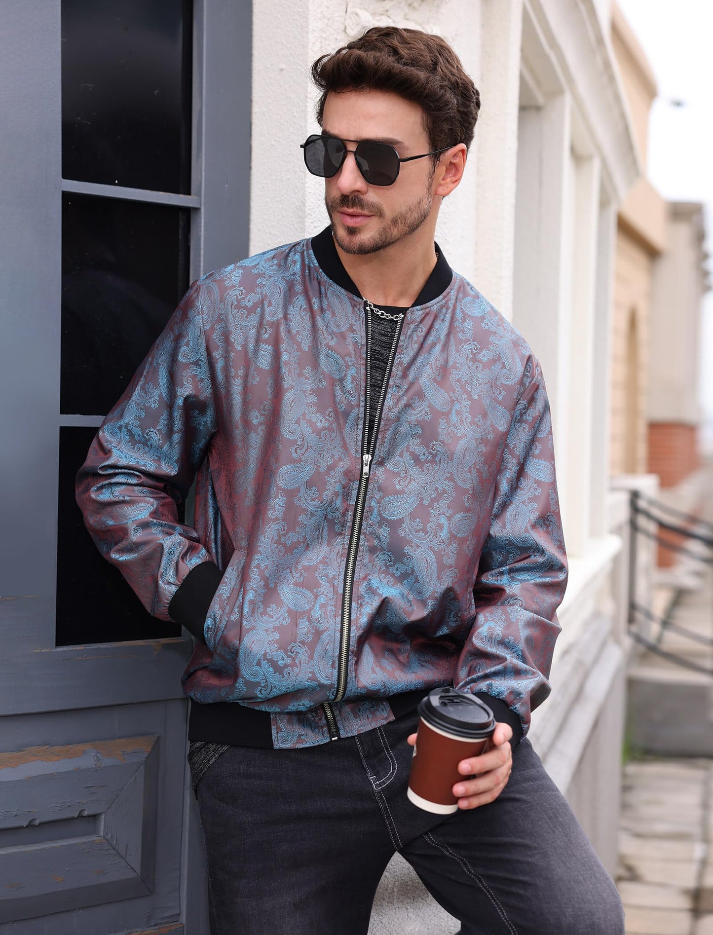 Bomber Jacket Windbreaker Jackets Men 70s Disco Men Long Sleeve Zip Up Varsity Jacket Stand Collar Coat With Pockets Nightclubs Leisure Holiday Fall Winter Chaqueta Bomber Para Hombre Purple-Blue S