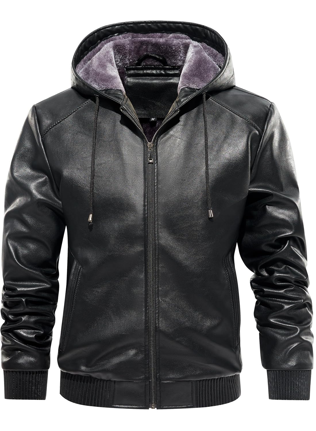 FANARCHER Men’s Faux Leather Jacket Fleece Padded Bomber Motorcycle Jacket with Hood