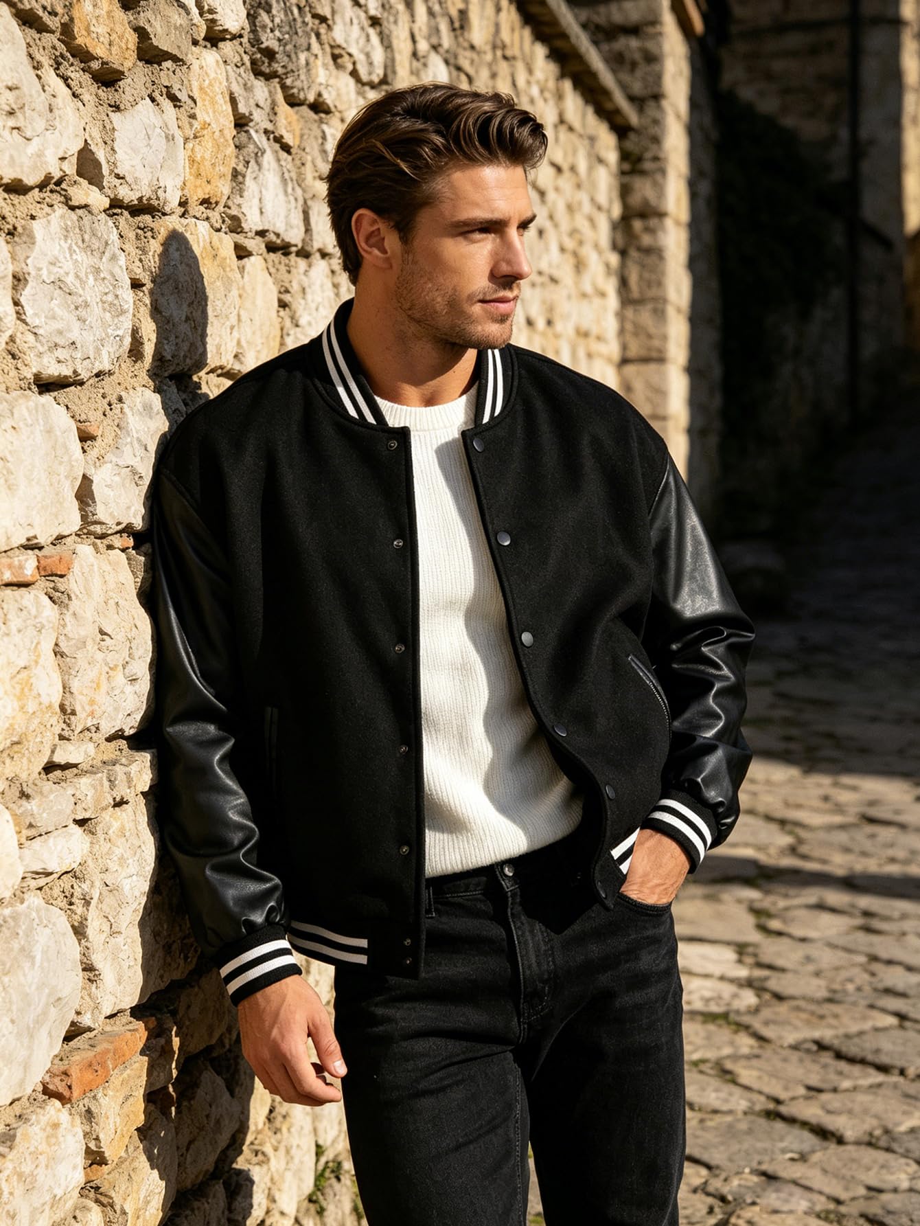 RAOENJADO Men's Varsity Jacket Bomber Letterman Jacket Leather Sleeve Vintage Style Lightweight Outerwear Black XXL