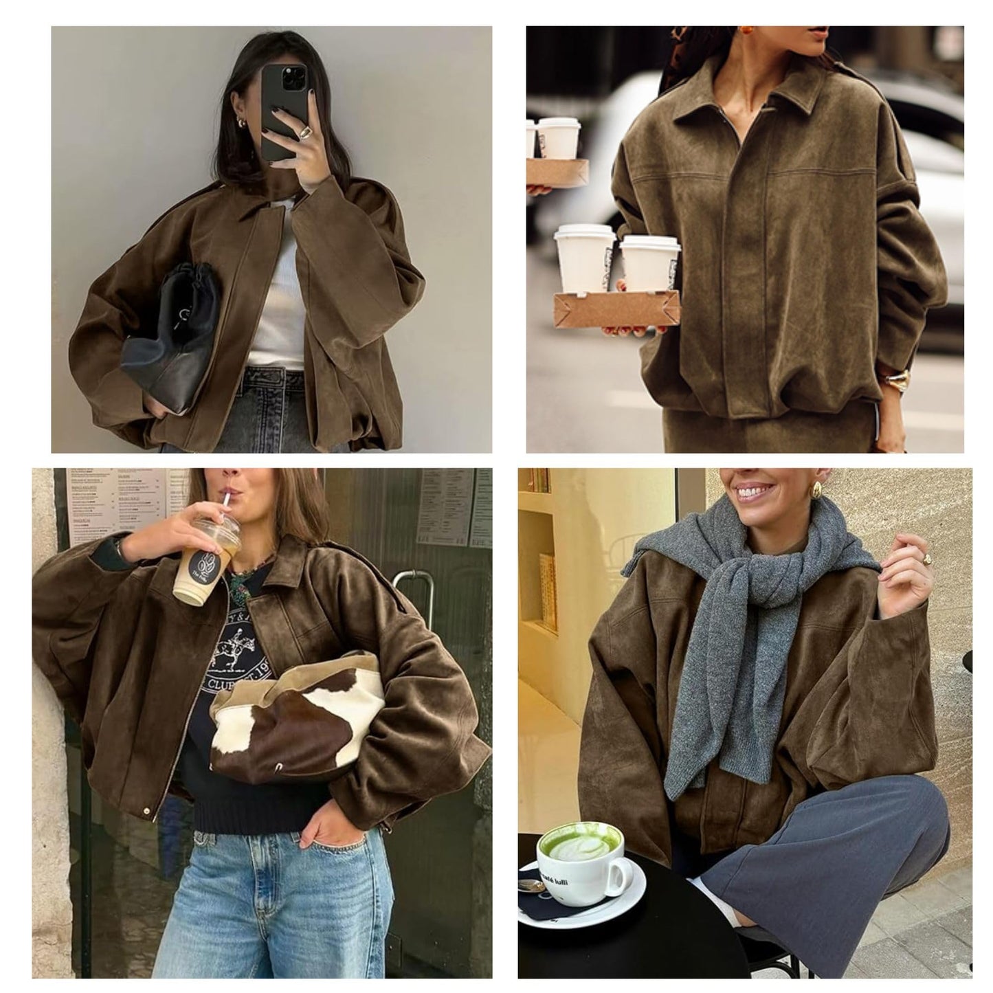 Xunger Women's Faux Suede Bomber Jacket Spring Lapel Pilot Coat Casual Oversized Long Sleeves Trendy Streetwear Outerwear(1026-01BrownPocket-M-RD)