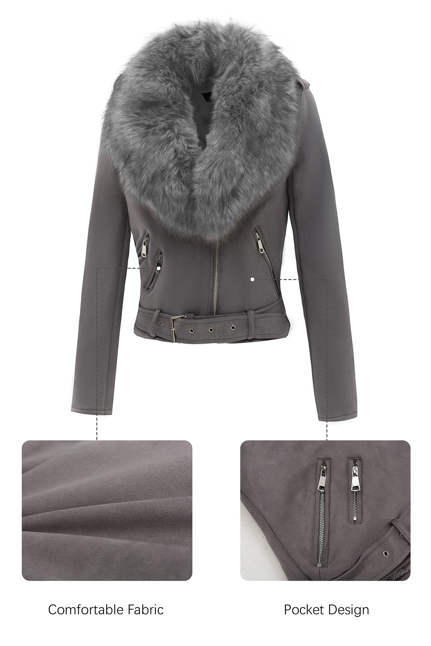 Bellivera Women Faux Suede Jacket Moto Biker Sherpa-Lined Coat Gray XL