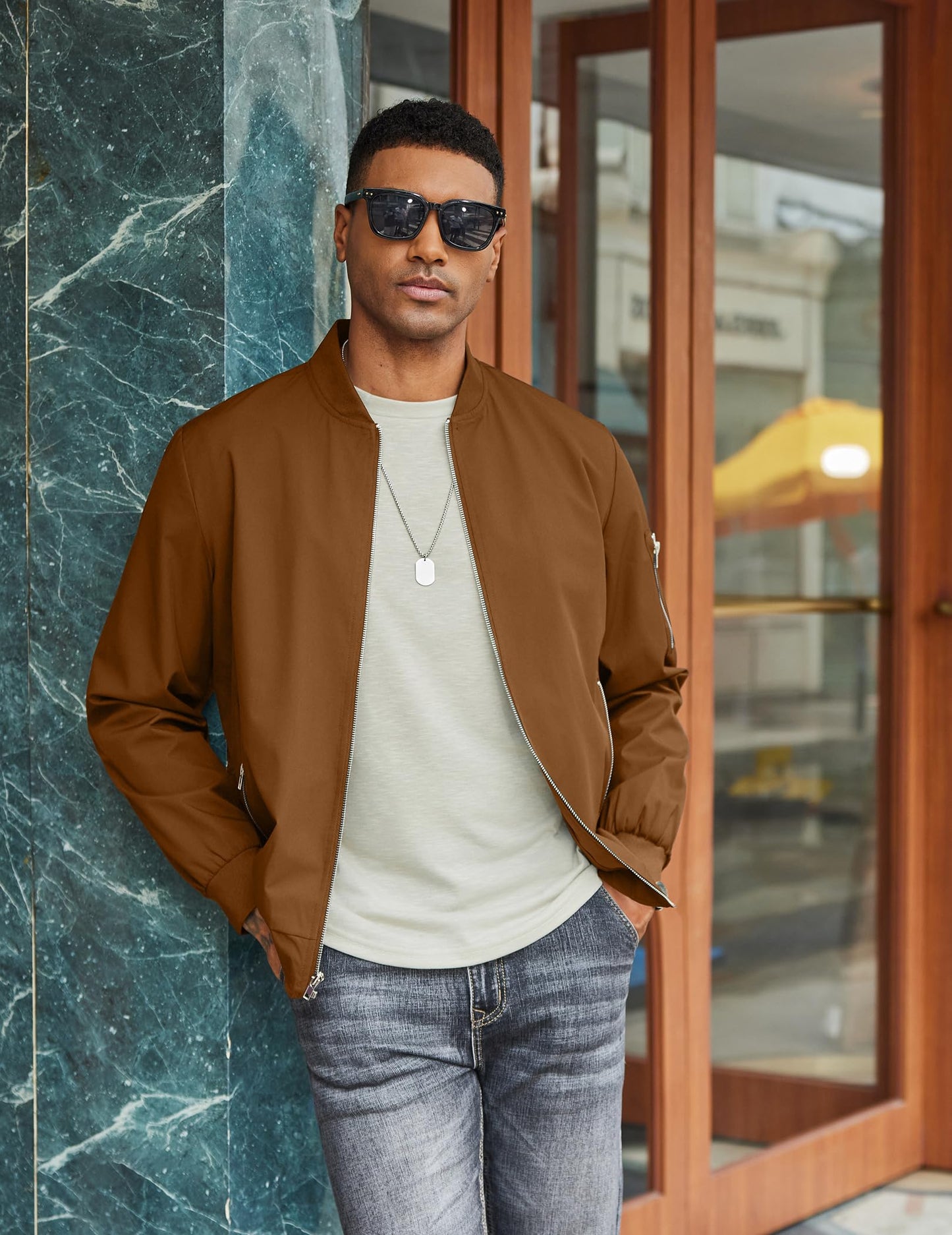 COOFANDY Windbreaker Jackets For Men Casua Stand Collar Bomber Jacket Brown Spring Fall Zip Up Light Coat Outerwear 3XL