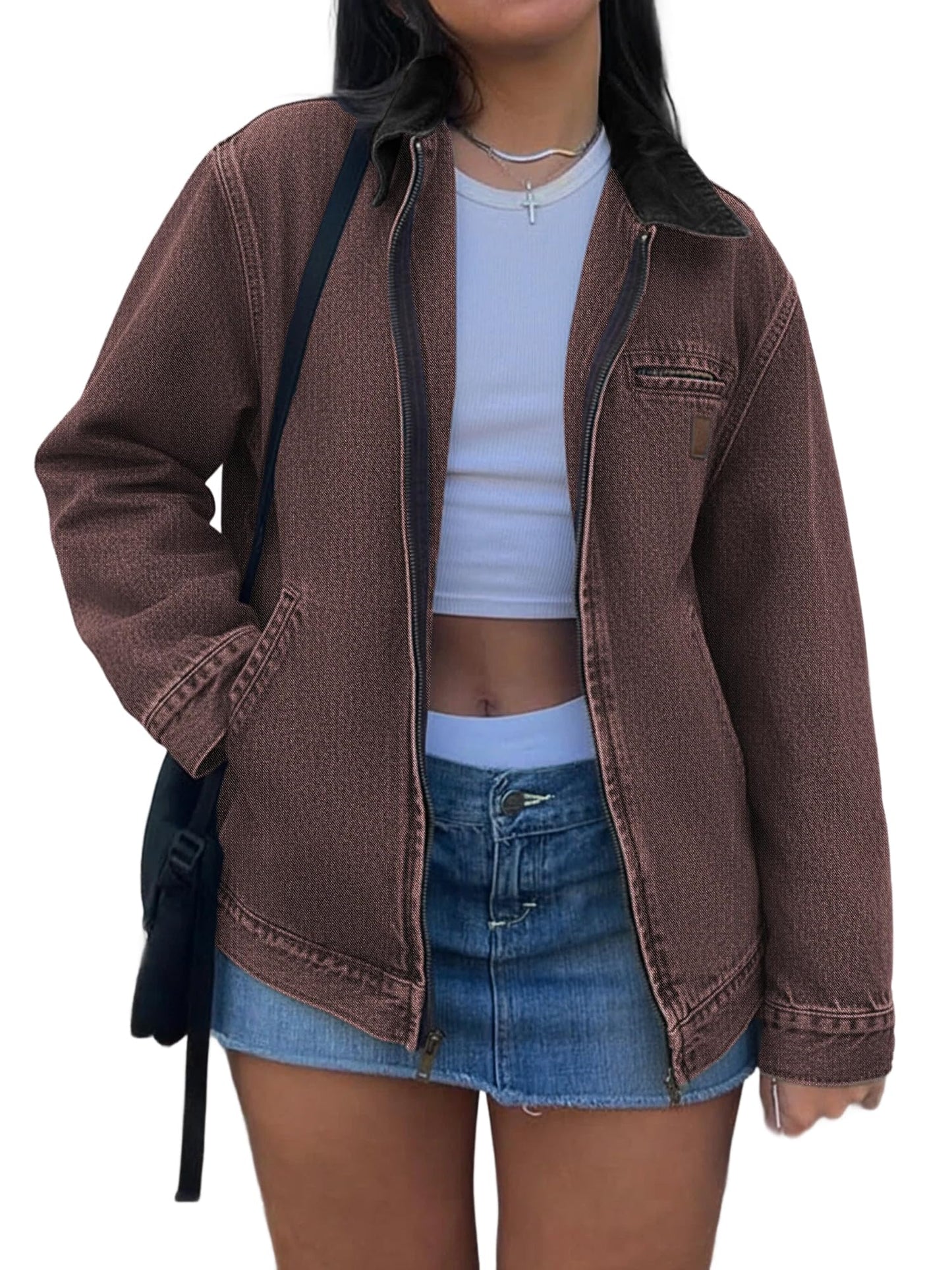 EMMIOL Barn Jean Jacket for Women Cropped Zip Up Denim Jackets