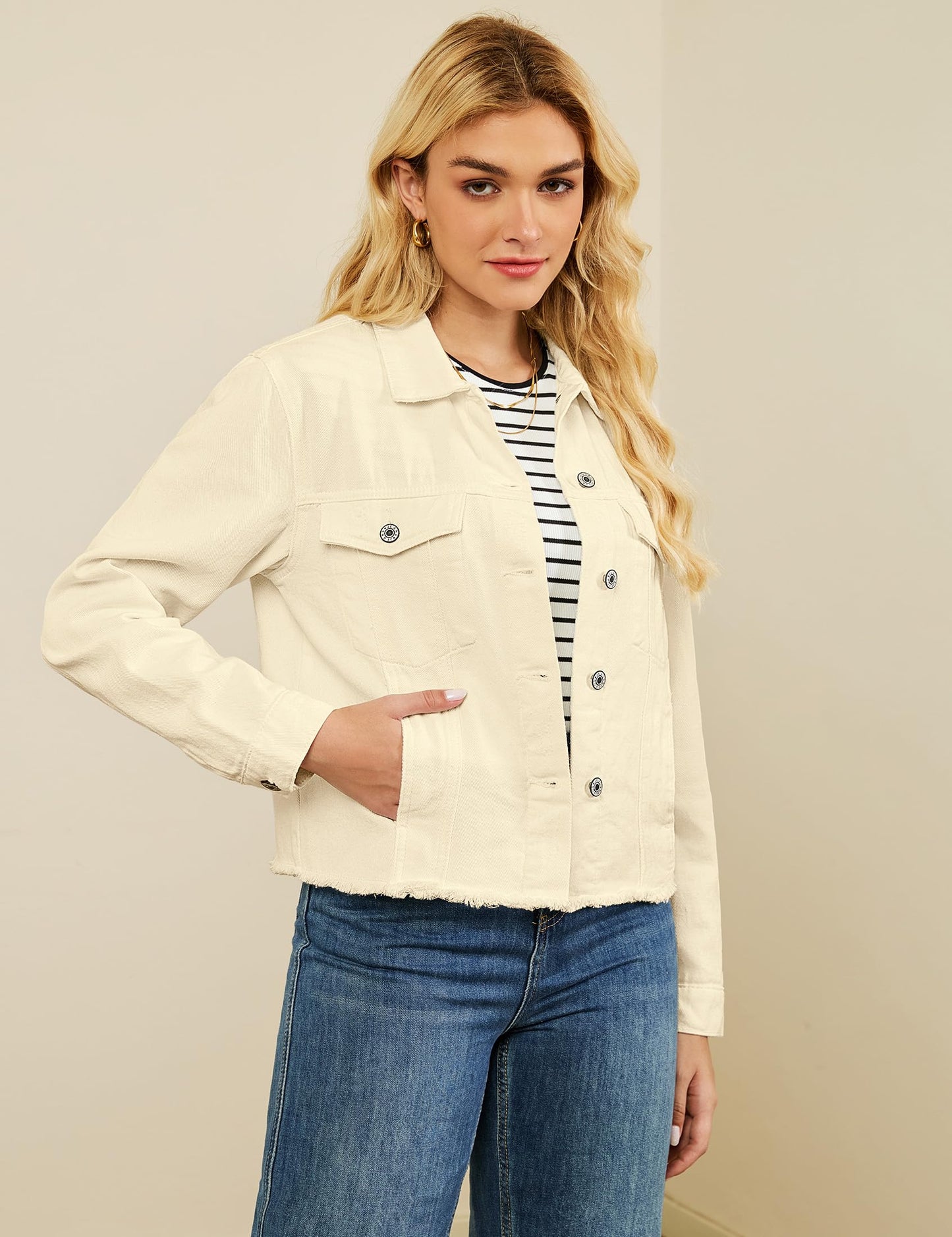 luvamia Denim Jacket for Women Distressed Jean Jackets Button Up Vintage Western Trucker Jacket Frayed Hem Pockets Vanilla Medium
