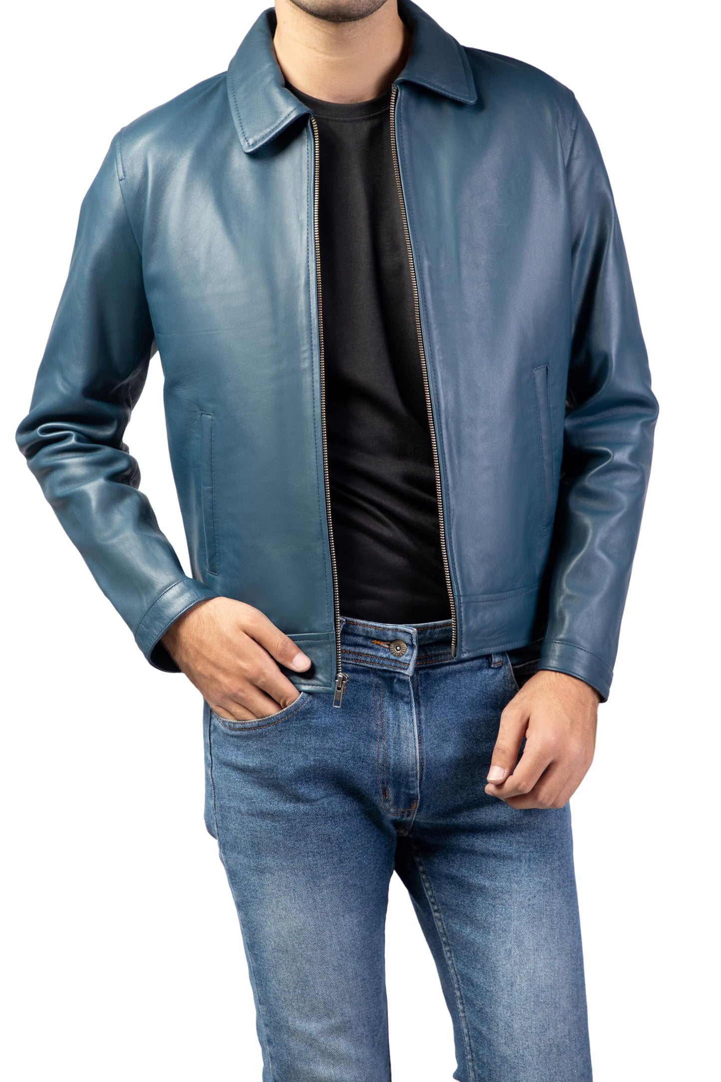 Jild Polo Collar Premium Leather Jacket Men - Old School Classic Style Everyday Wear Real Lambskin Mens Leather Jacket (Polo-Blue-3XL)