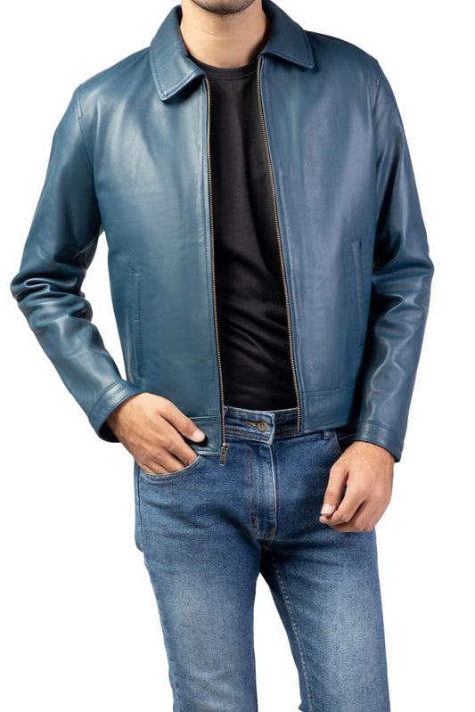 Jild Polo Collar Premium Leather Jacket Men - Old School Classic Style Everyday Wear Real Lambskin Mens Leather Jacket (Polo-Blue-3XL)
