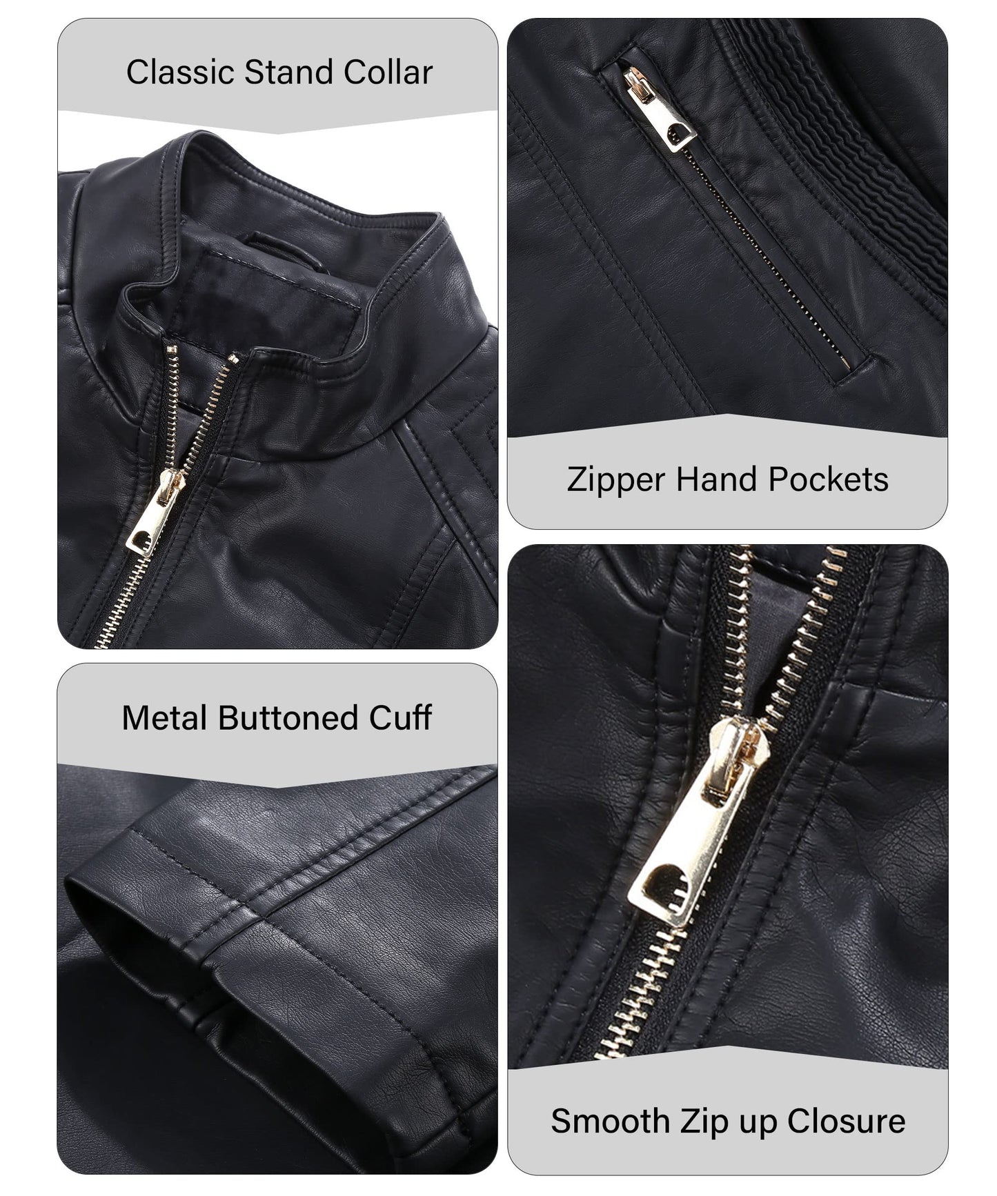 Bellivera Faux Leather Jacket Women Motorcycle Zipper Stand Collar Bomber PU Bike Coat with Pockets PU37 Black M