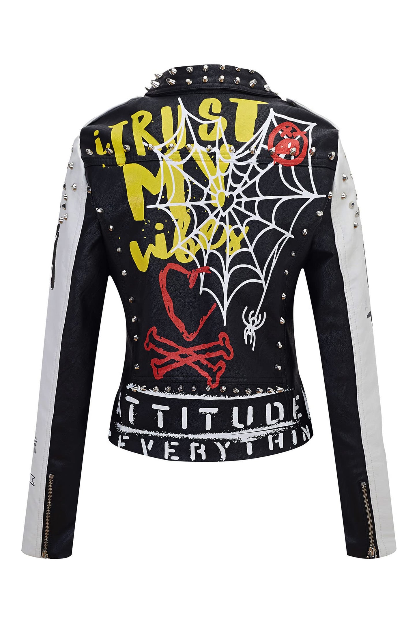 RISISSIDA Studded Leather Jacket Women Moto Motorcycle Faux Leather Short Coat Black-white 0477 S