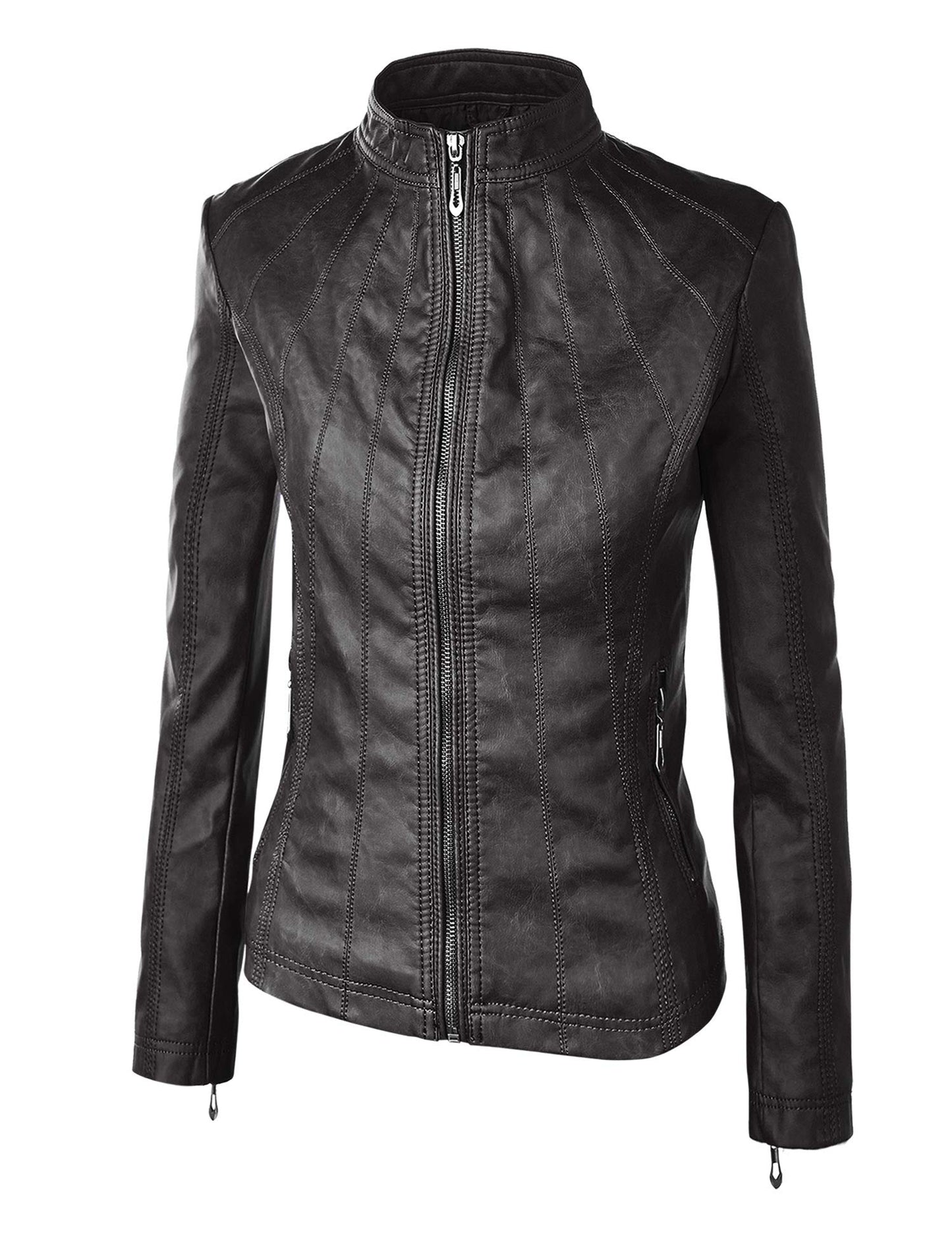 Made By Johnny MBJ WJC877 Womens Panelled Faux Leather Moto Jacket L Black