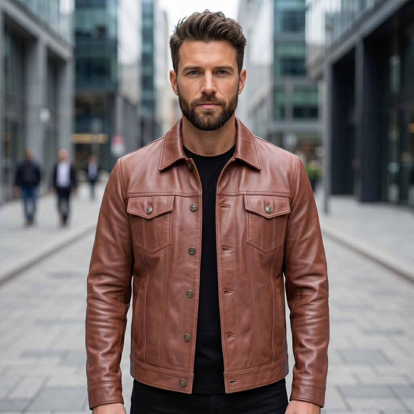 UrbanFocal Mens Brown Leather Jacket - Real Lambskin Classic Trucker Leather Jackets Men | [101002505] F.Trucker Cognac, XL