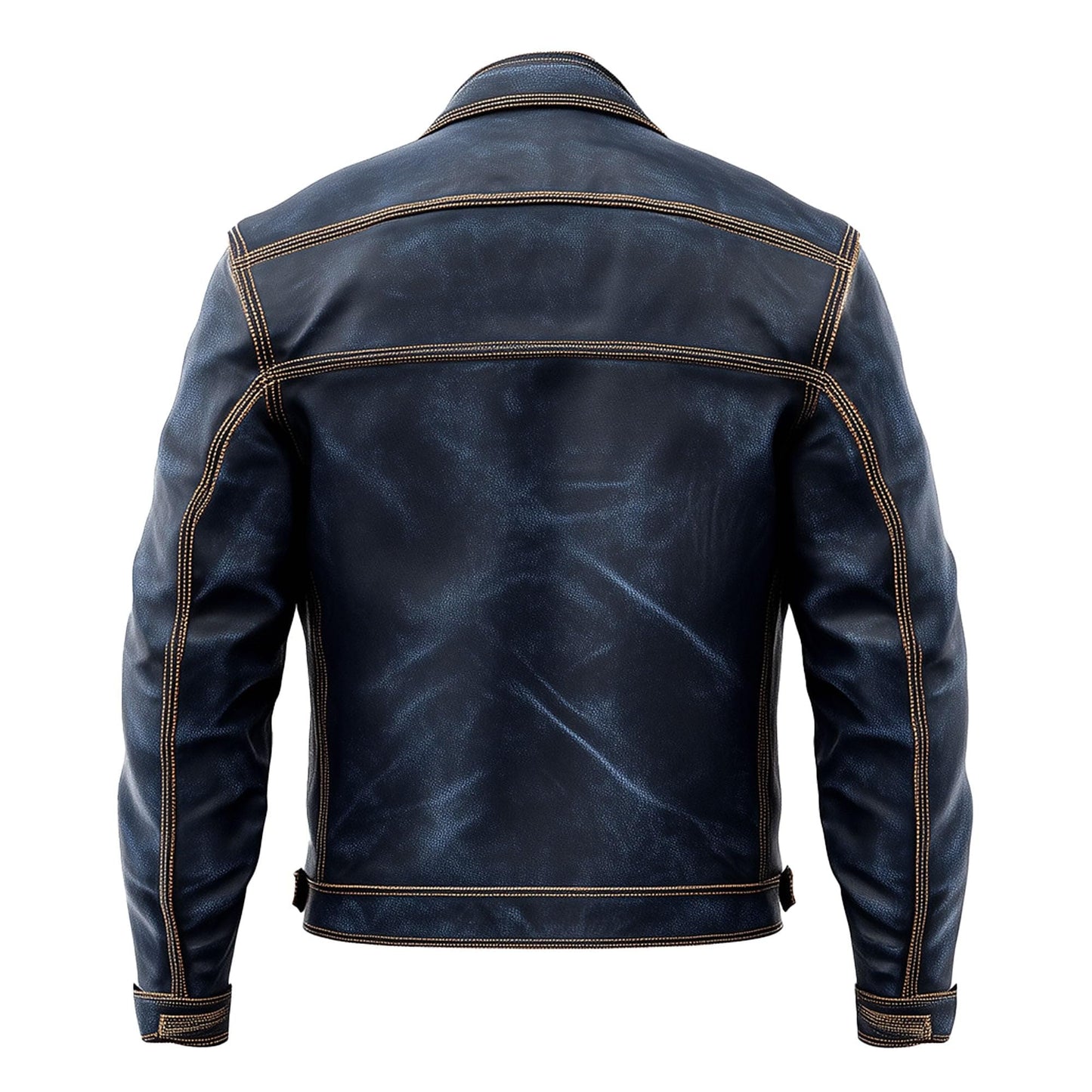 Sumairah Mens Blue Trucker Denim Style Jacket Multi Pocket Genuine Leather Jackets(Navy Blue Genuine Leather, Large)
