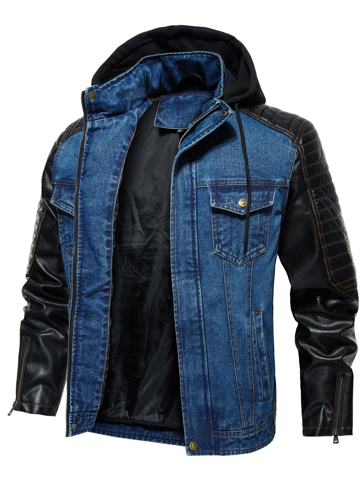 INVACHI Men’s Hooded Denim Trucker Jacket with Faux Leather Patchwork Vintage Casual Jean Wash Biker Coat