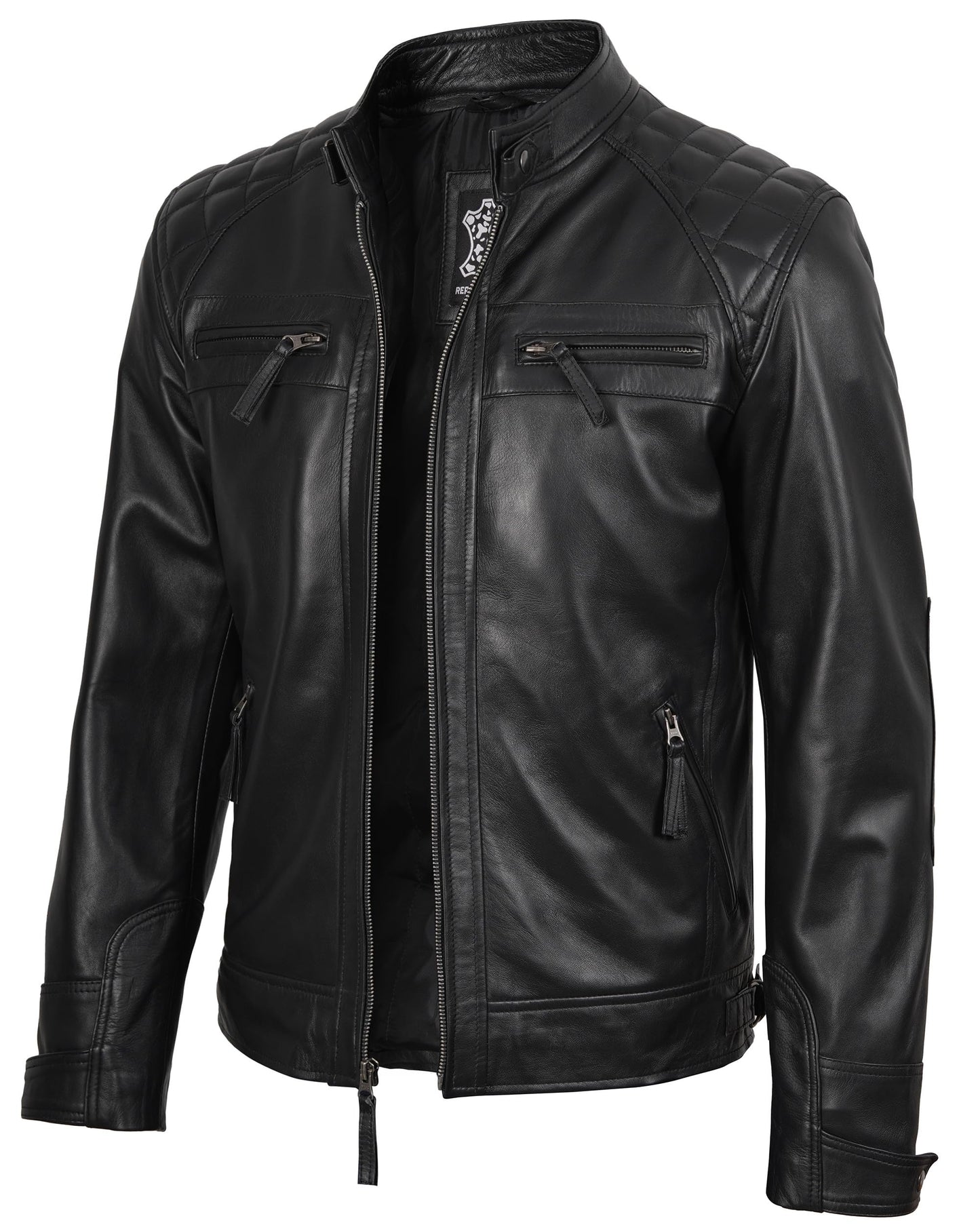 fjackets Real Lambskin Leather Biker Jacket — Quilted Cafe Racer Zip Up Moto Jacket Men Tall | [1118795] Johnson Black, XL