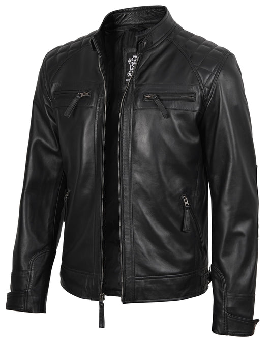 fjackets Real Lambskin Leather Biker Jacket — Quilted Cafe Racer Zip Up Moto Jacket Men Tall | [1118795] Johnson Black, XL