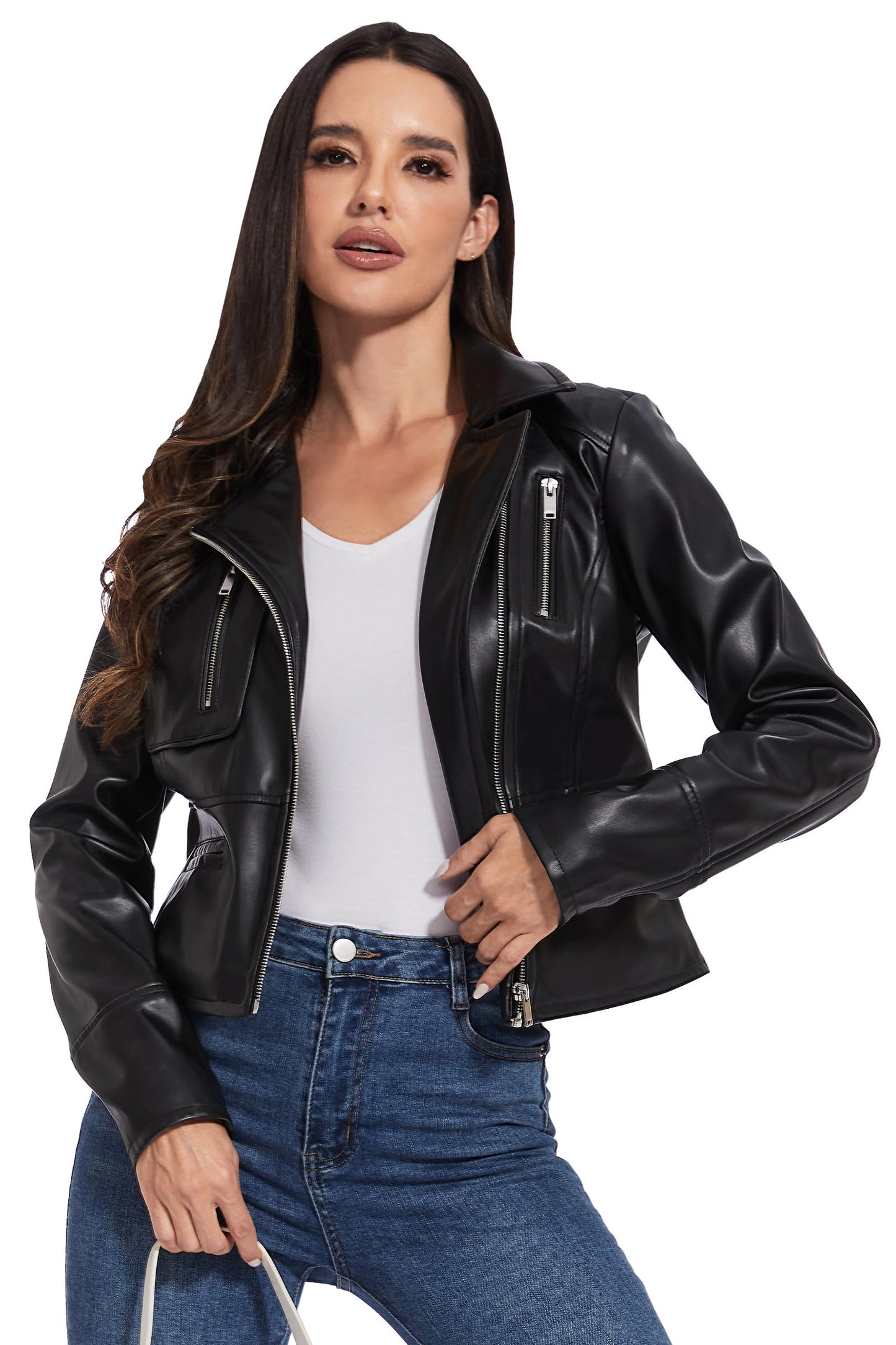 Fahsyee Women's Faux Leather Jackets - Moto Biker Motocycle PU Zipper Coat Lightweight Blazer Vegan Black M