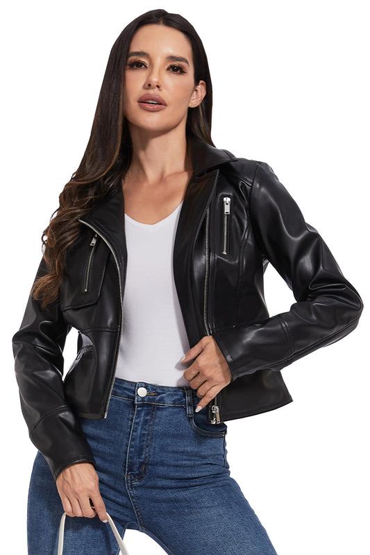 Fahsyee Women's Faux Leather Jackets - Moto Biker Motocycle PU Zipper Coat Lightweight Blazer Vegan Black M