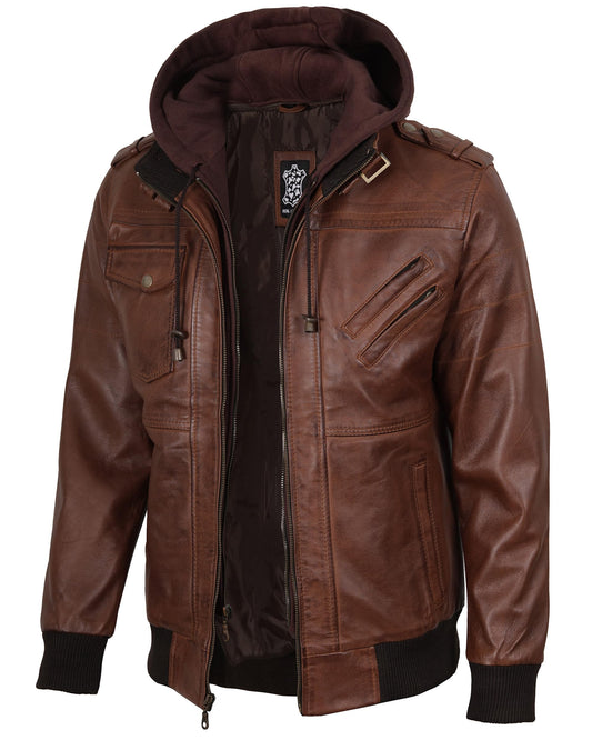 fjackets Real Leather Bomber Jacket Men - Motorcycle Stand Collar with a Removable Hood | [1100154] Edinburgh Brown, L