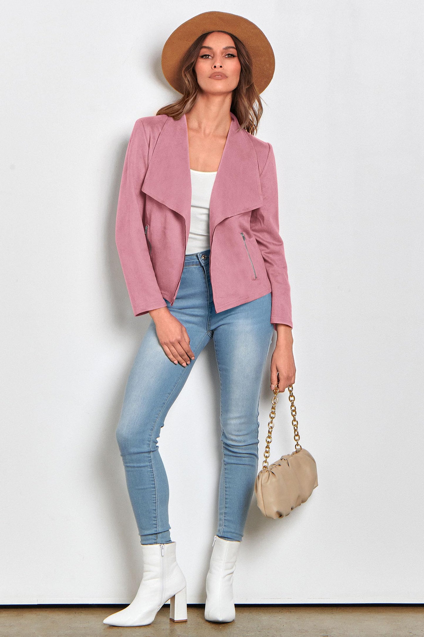 PRETTYGARDEN Fashion Fall Jackets For Women 2026 Open Front Faux Suede Leather Short Jacket Coats Outerwear (Pink,Large)