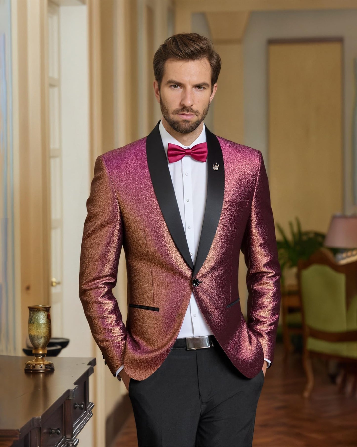 YND Men's Shiny Tuxedo Jacket, Sequin Slim Fit Blazer, One-Button Shawl Lapel Suit for Party, Prom, Wedding, Dinner Gold-Pink