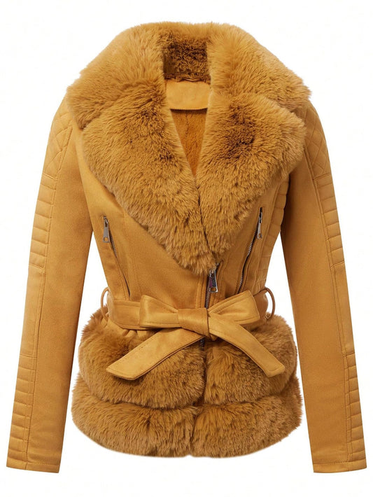 Pallivare Women's Faux Leather Jacket Winter Spring Motorcycle Biker Clothes Outfits Sherpa-Lined Coat with Removable Fur Collar 8831-a Yellow L