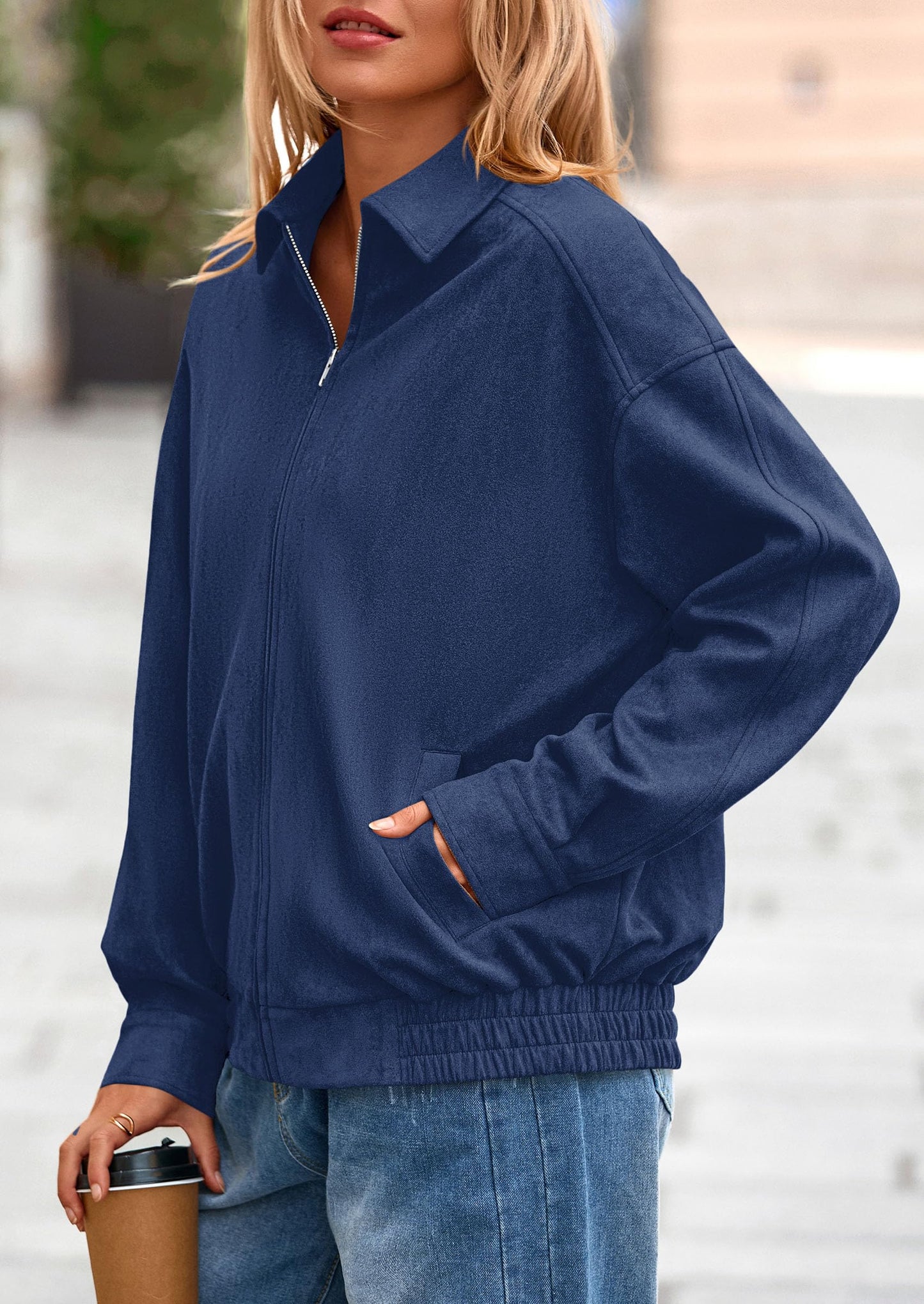 PRETTYGARDEN Faux Suede Bomber Jacket Women Fall Fashion 2026 Casual Zip Up Oversized Trendy Winter Clothing Outerwear Coats (Navy Blue,Small)