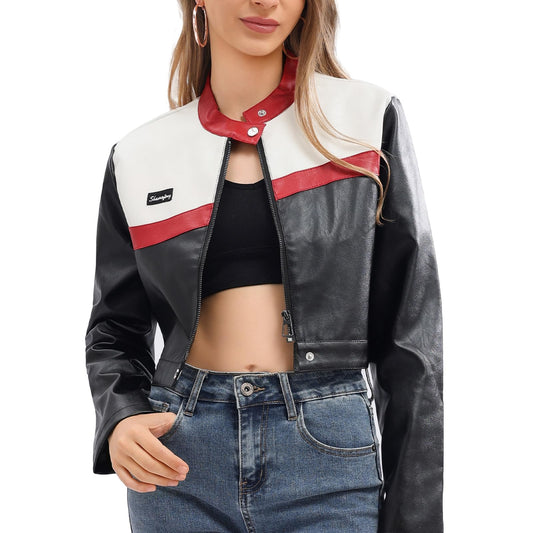 shamofeng Women Cropped Faux Leather Jacket Moto Biker Bomber Jackets Zip Up Motorcycle Coats
