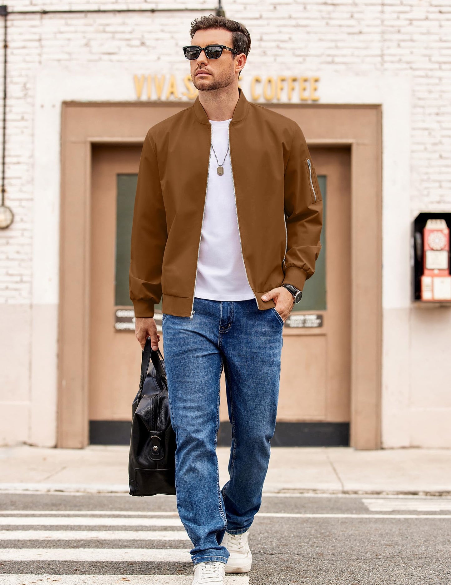 COOFANDY Windbreaker Jackets For Men Casua Stand Collar Bomber Jacket Brown Spring Fall Zip Up Light Coat Outerwear 3XL