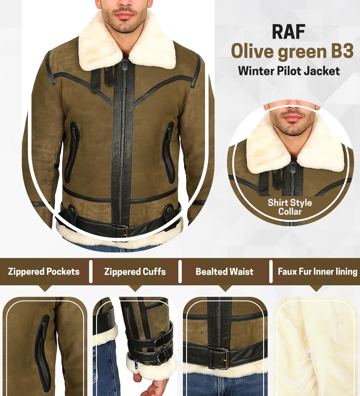 Aviator Bomber Synthetic Fur Shearling Jacket - Mens RAF B3 Bomber Ginger Sheepskin Leather Jacket Olive