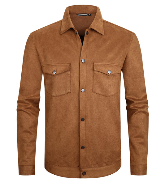 Alex Vando Mens Button Down Suede Shirt Jackets with Two Pockets,Brown,M